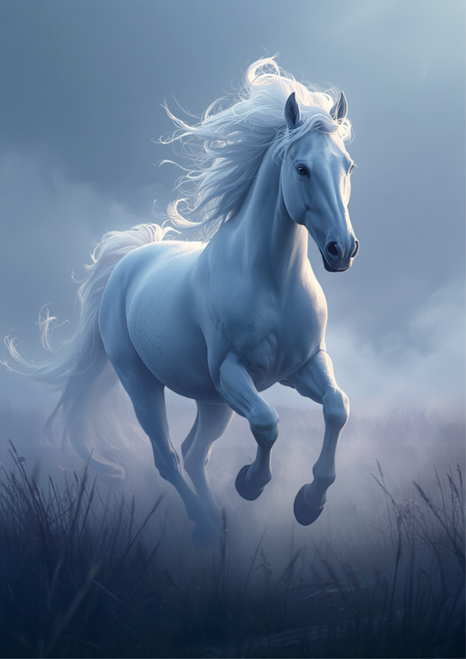 Ilustração digital original de um cavalo branco-prateado correndo livre por planícies enevoadas ao entardecer, simbolizando o arquétipo do cavalo: liberdade, força e força de vontade