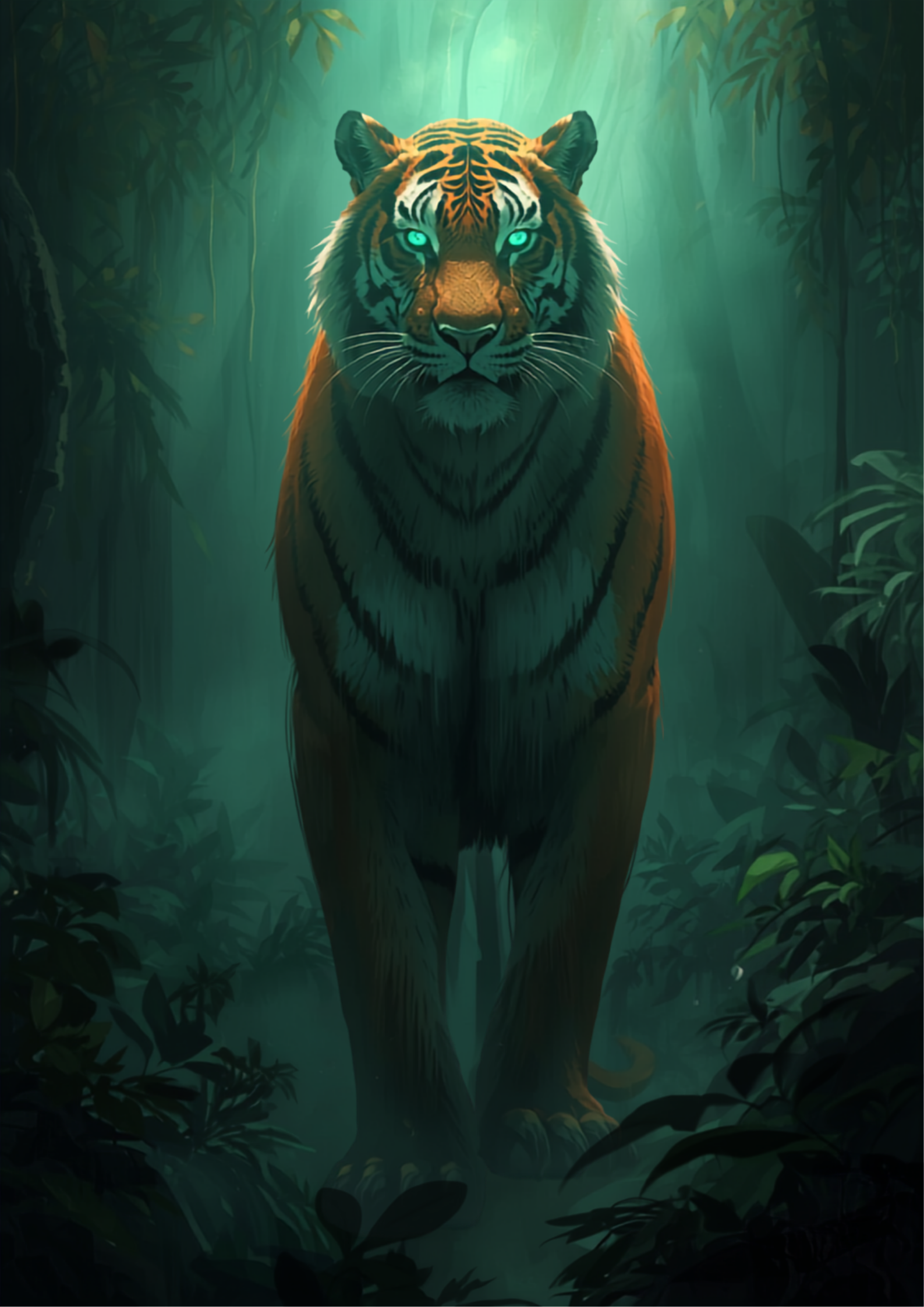 Ilustração digital original de um tigre místico e simbólico em meio à névoa da selva, representando o arquétipo da força, coragem e poder, em tons de laranja, preto e verde esmeralda