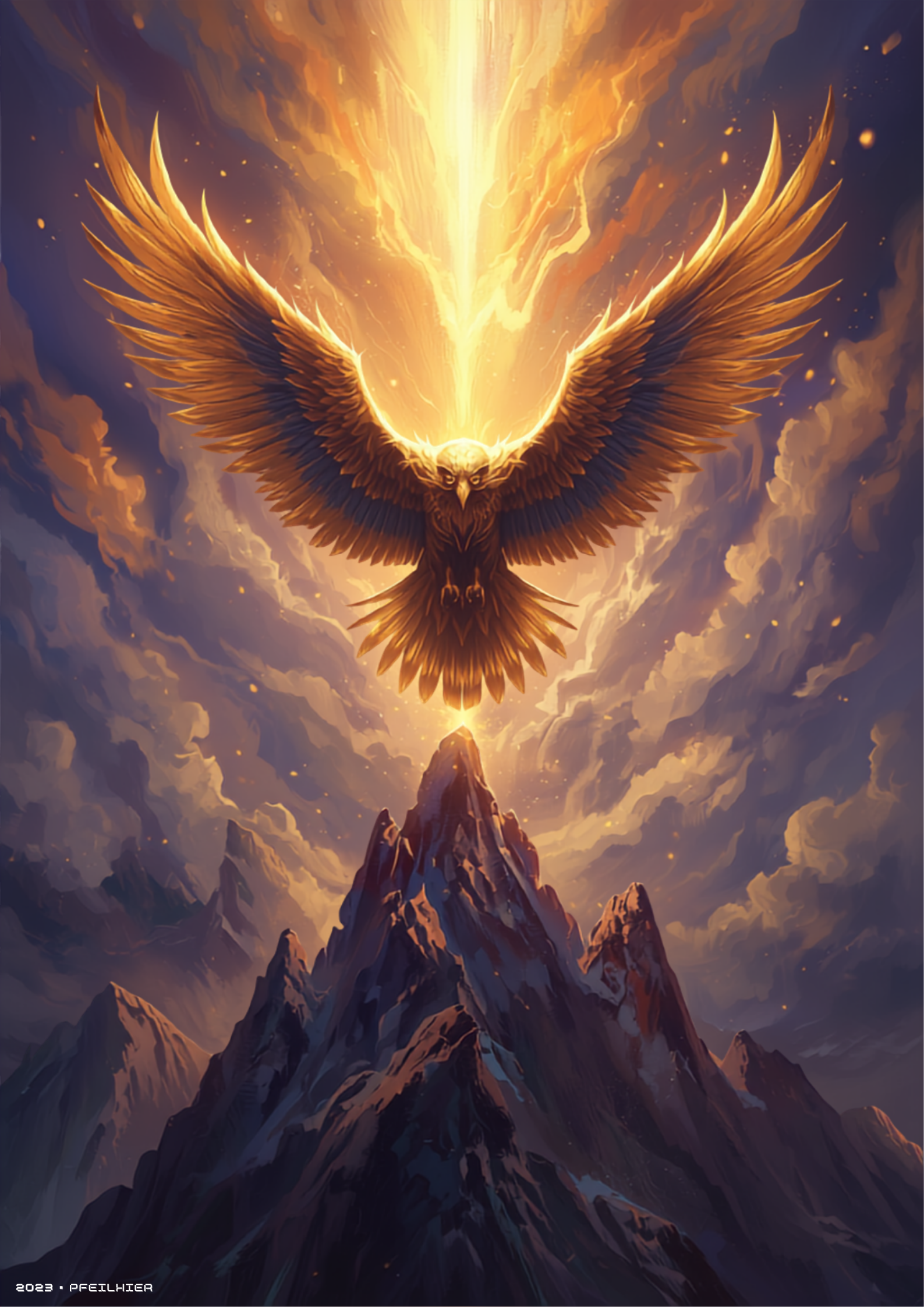 Ilustração digital original de uma águia dourada mística voando sobre montanhas, simbolizando visão, liderança e independência