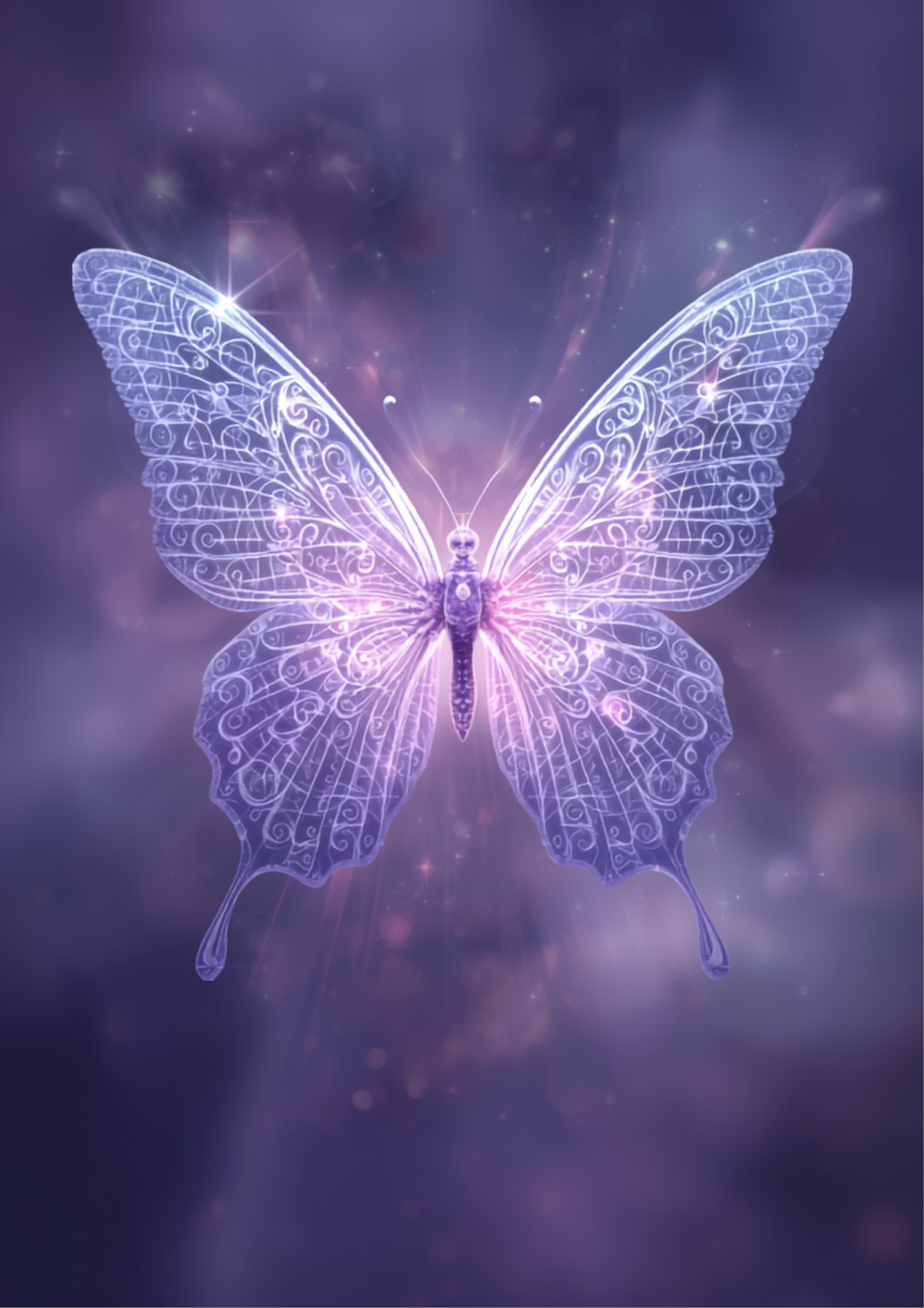 Ilustração artística original de uma borboleta mística e etérea, com asas ornamentadas e brilhantes em tons pastel de roxo, rosa e azul, simbolizando transformação e renovação