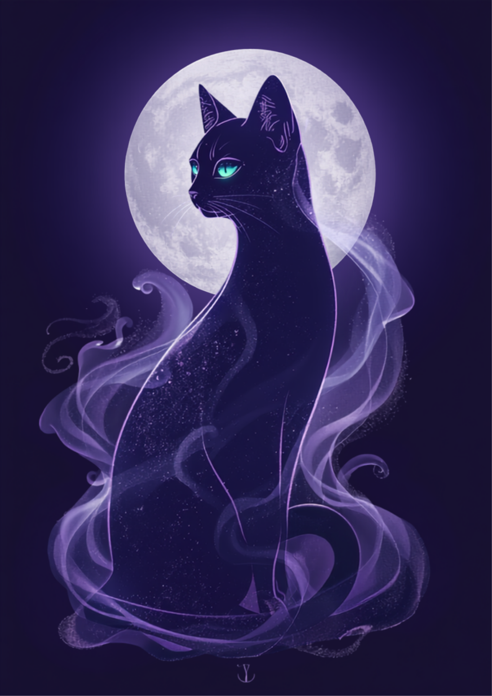 Ilustração digital mística de um gato arquetípico, silhueta elegante com olhos verdes brilhantes, em tons roxo e prateado sob luar, simbolizando independência, mistério e intuição