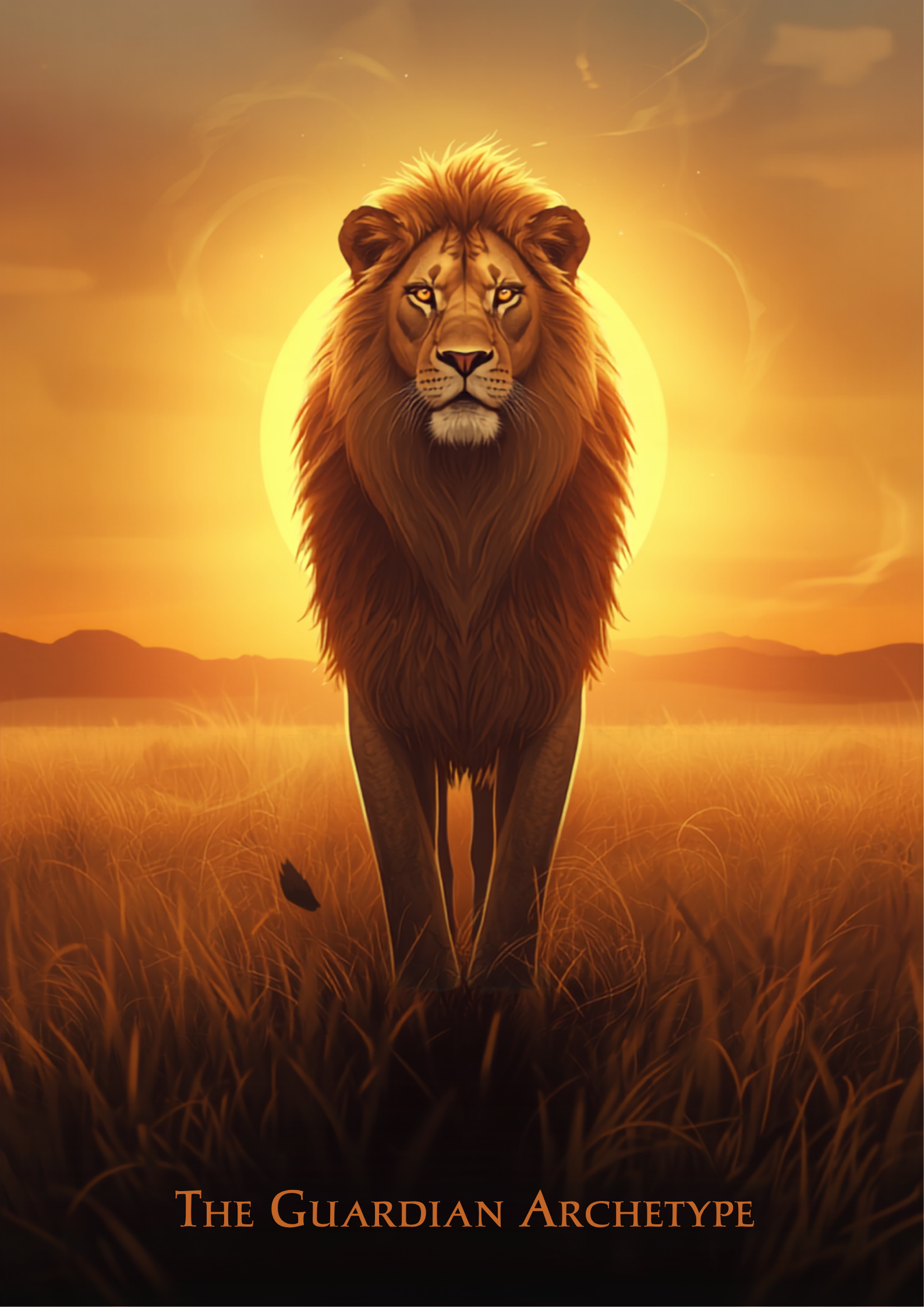 Ilustração digital simbólica de uma leoa majestosa na savana ao entardecer, representando o arquétipo da Leoa: força protetora, liderança e maternidade, em paleta âmbar e dourada