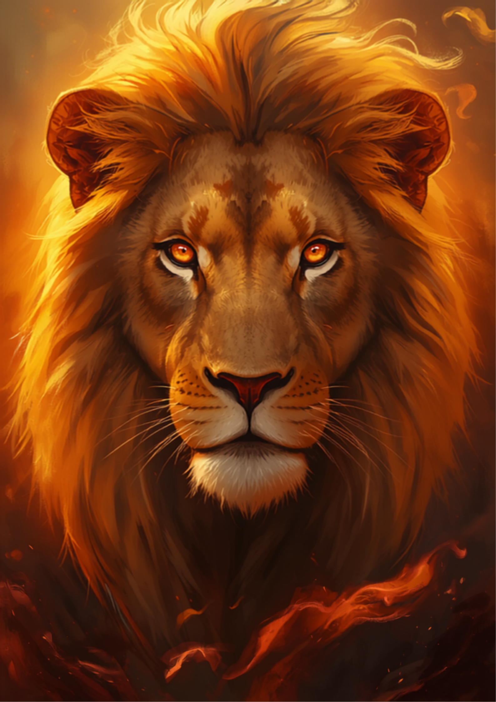 Ilustração digital original de um leão majestoso com juba dourada ao entardecer, simbolizando o arquétipo do Leão: coragem, liderança e autoridade
