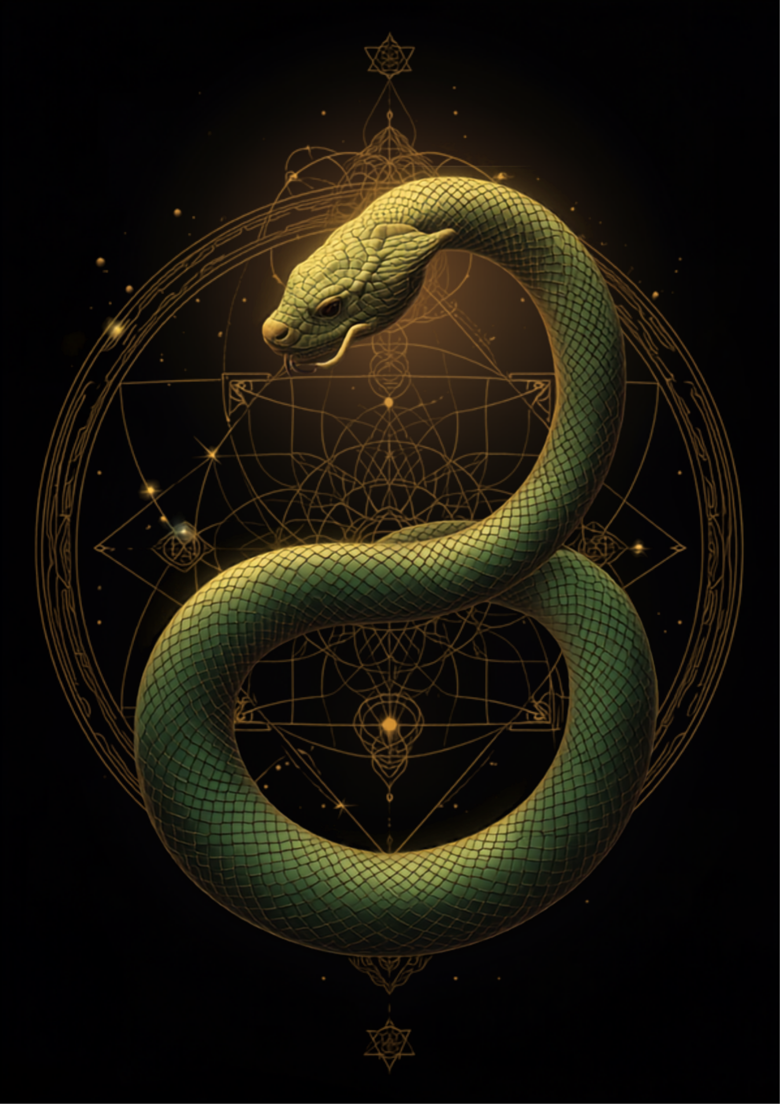 Ilustração digital original de uma serpente entrelaçada em formato de ouroboro, em tons de jade e dourado, simbolizando transformação e renovação do arquétipo da cobra
