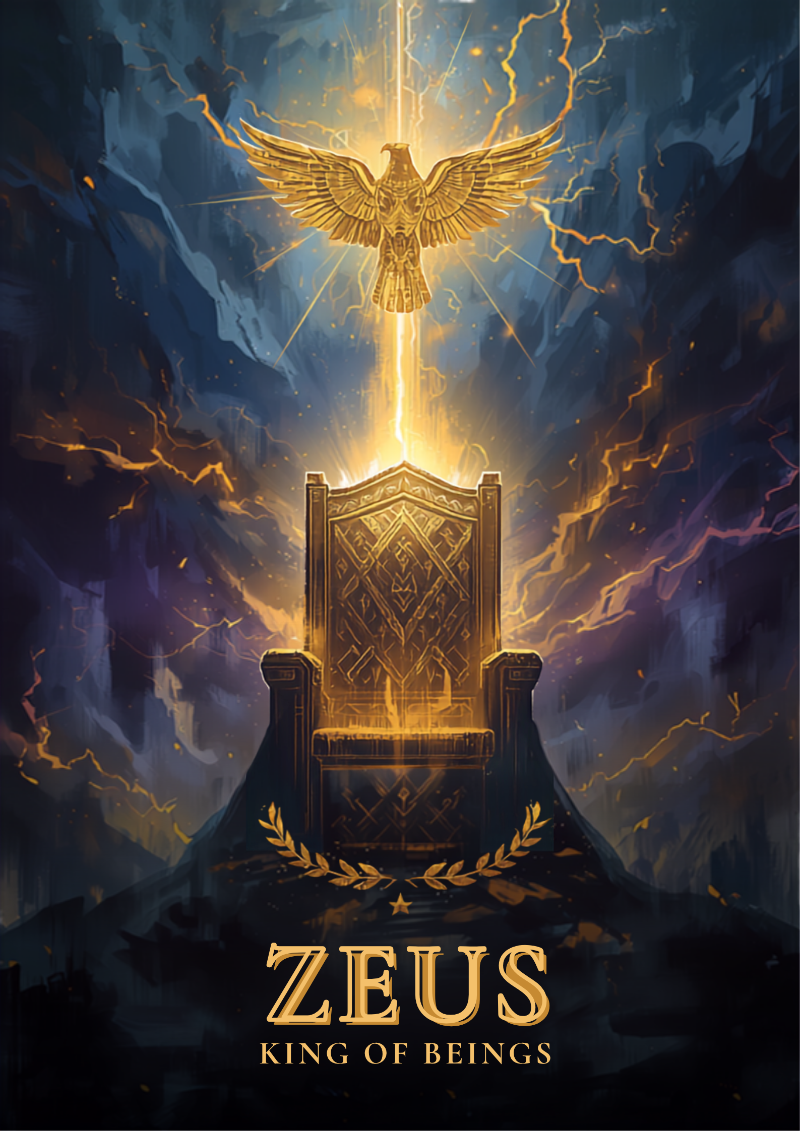 Ilustração digital simbólica de Zeus, o arquétipo do rei dos deuses: silhueta de trono dourado sob nuvens de tempestade e raios, arte original em tons de azul, roxo e dourado