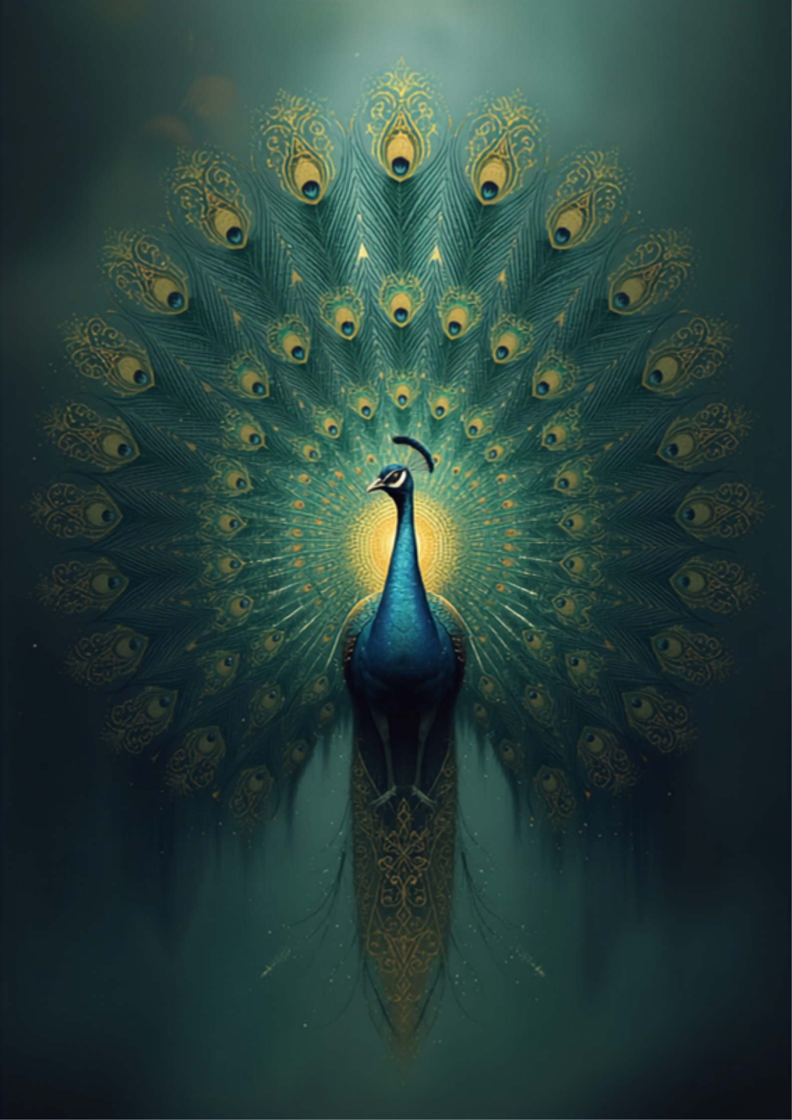 Ilustração digital original de um pavão místico com penas da cauda abertas em tons de azul-esverdeado, esmeralda e dourado, simbolizando o arquétipo do Pavão: beleza, autoexpressão e confiança