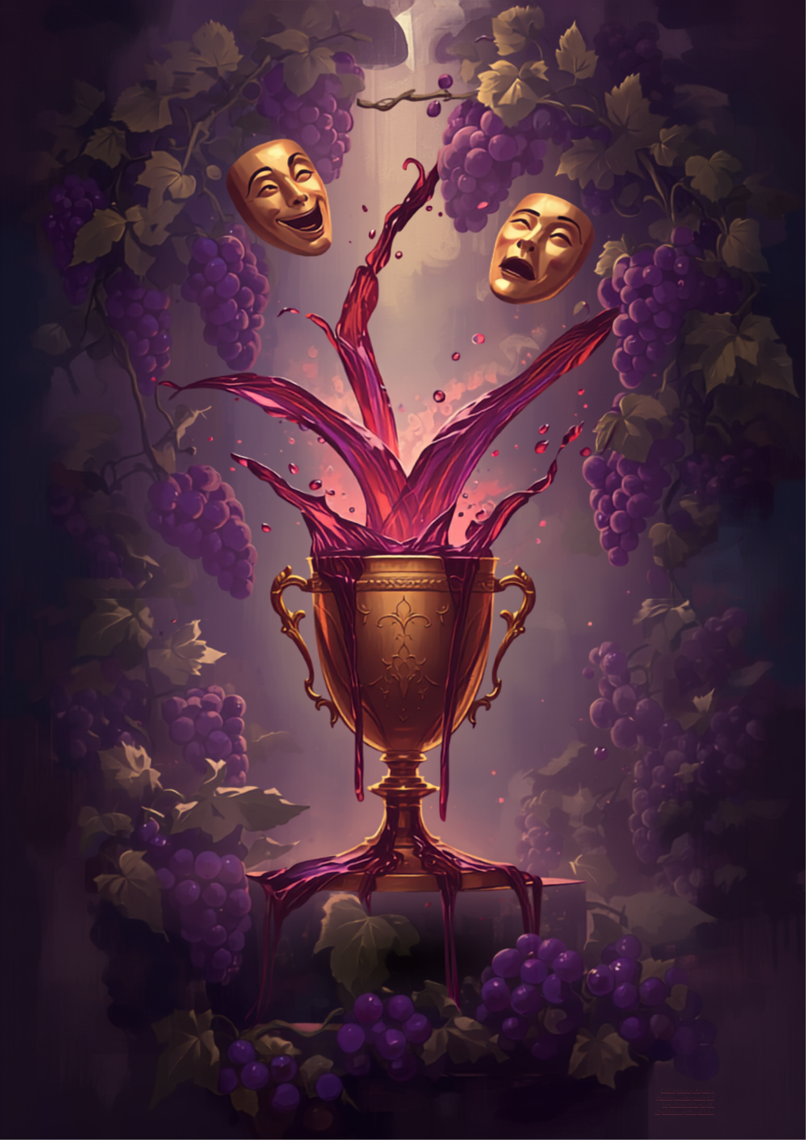 Ilustração simbólica e mística de Dionísio, deus do vinho, com videiras, cachos de uva, taça de vinho e paleta de cores roxo, bordô e dourado, em estilo de arte digital original