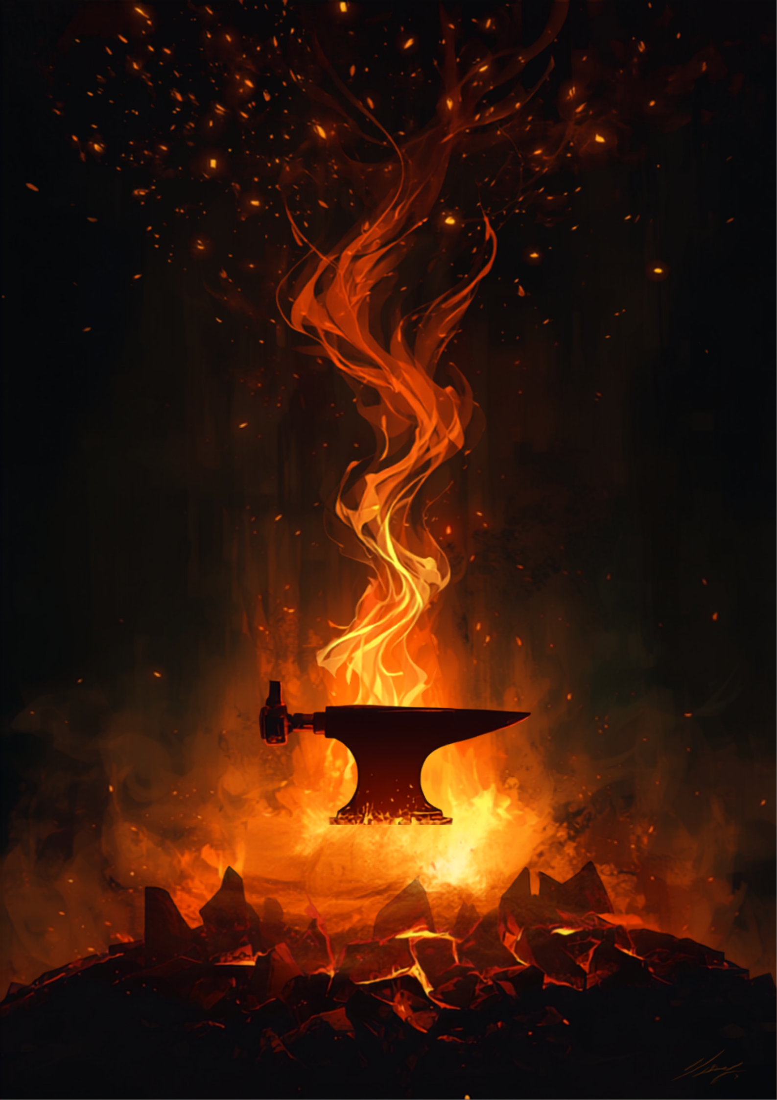 Ilustração simbólica original de arte digital representando o arquétipo de Hefesto, deus do fogo e da forja: uma forja incandescente com brasas em tons de laranja e vermelho, silhuetas de martelo e bigorna, faíscas e espíritos de fogo etéreos em uma composição mítica e atmosférica