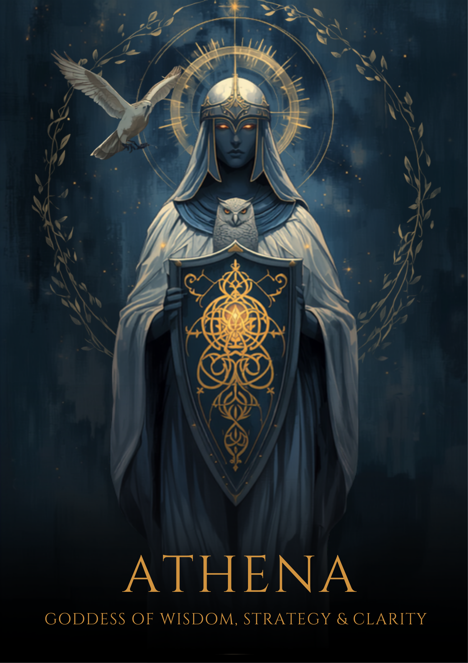 Ilustração digital simbólica e mística do arquétipo de Atena, deusa da sabedoria e estratégia, com coruja, ramo de oliveira e escudo dourado, em tons prateado, dourado e azul profundo