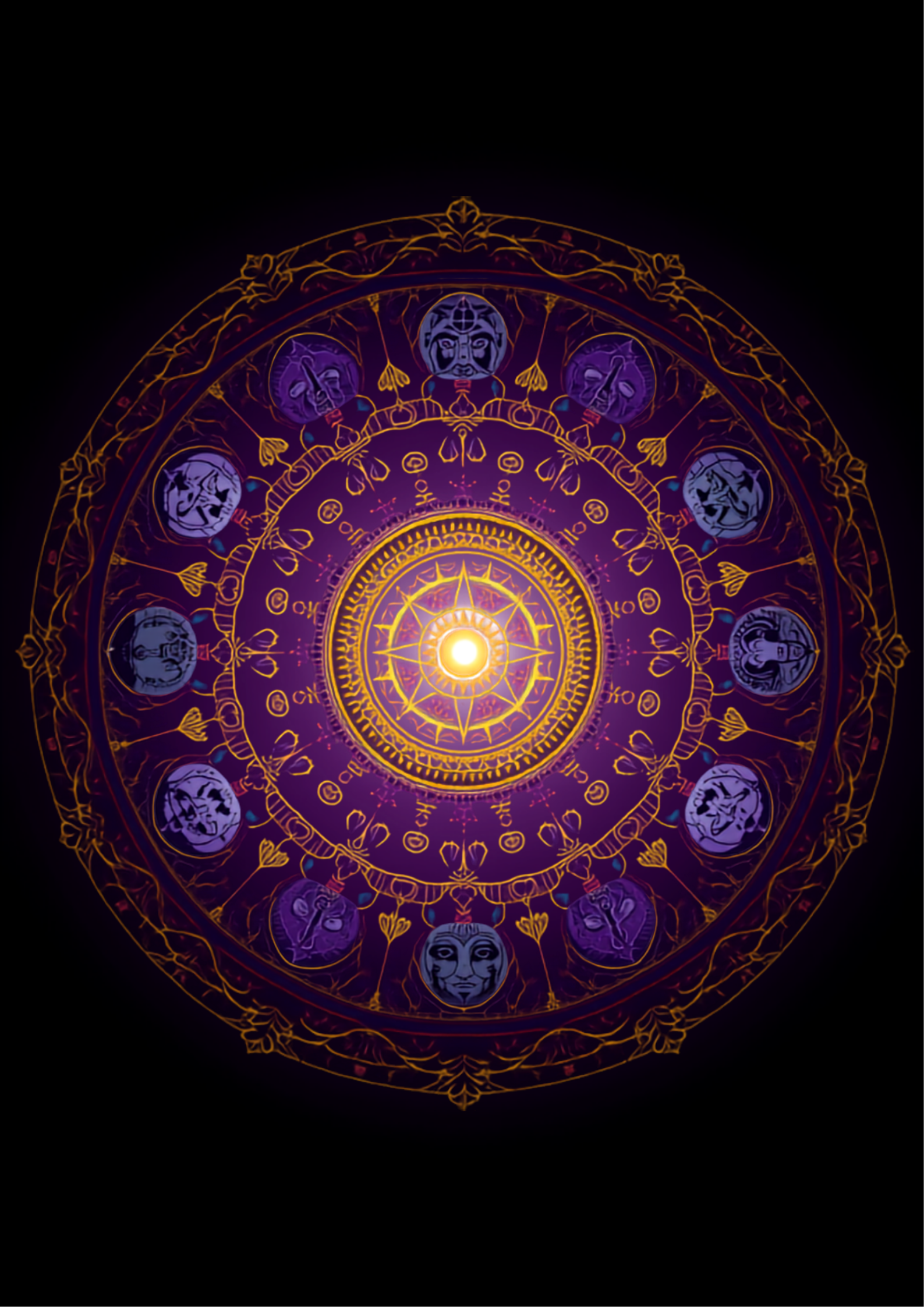 Ilustração digital original em estilo mandala simbólica, representando os 12 arquétipos junguianos como ícones e máscaras abstratas dispostos em círculo, em tons de roxo profundo, dourado e azul-esverdeado, com atmosfera mística e psicológica