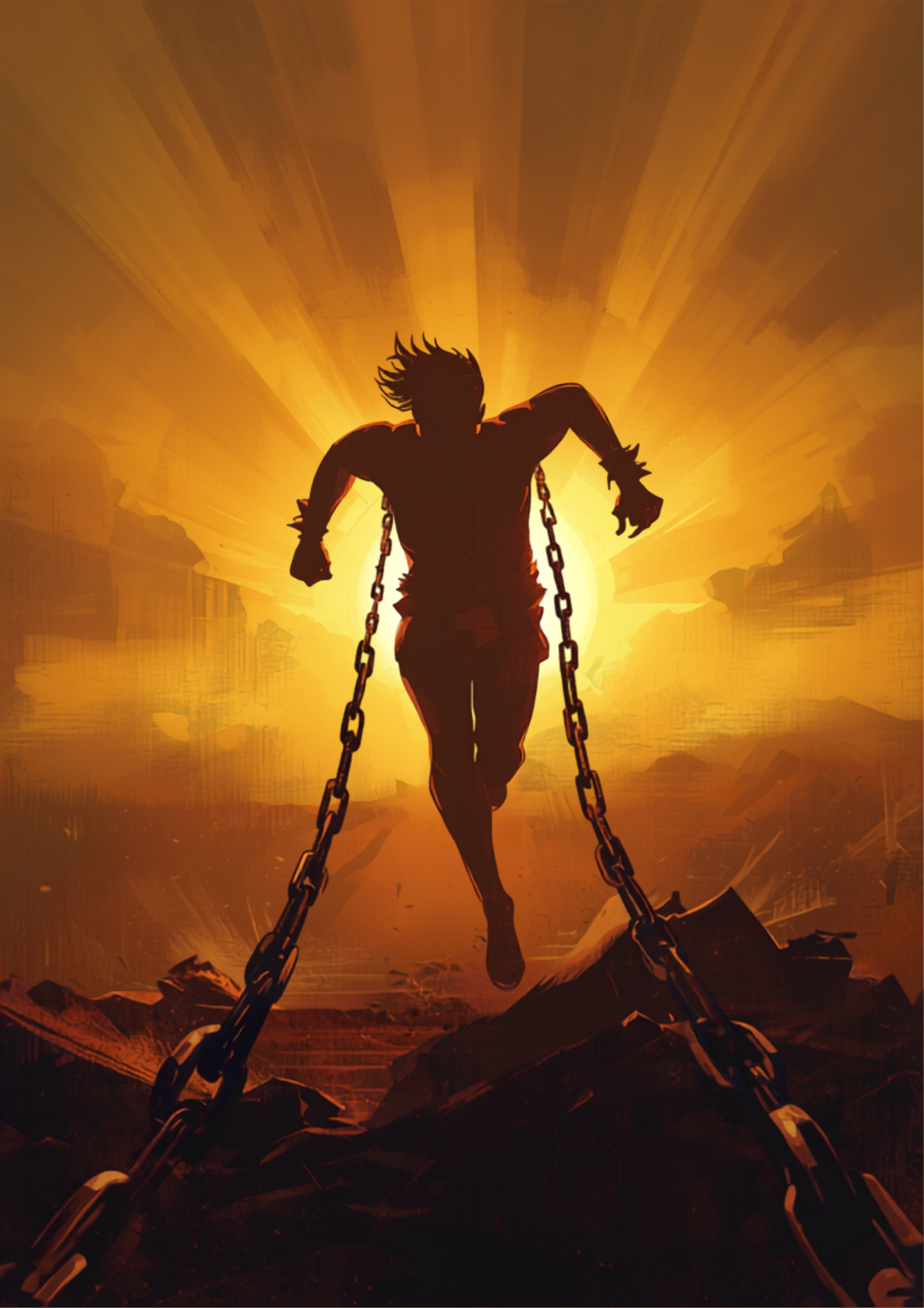 Ilustração digital simbólica de uma silhueta heroica rompendo correntes e correndo em direção a um horizonte dourado ao nascer do sol, representando disciplina e superação no emagrecimento com o arquétipo do Herói