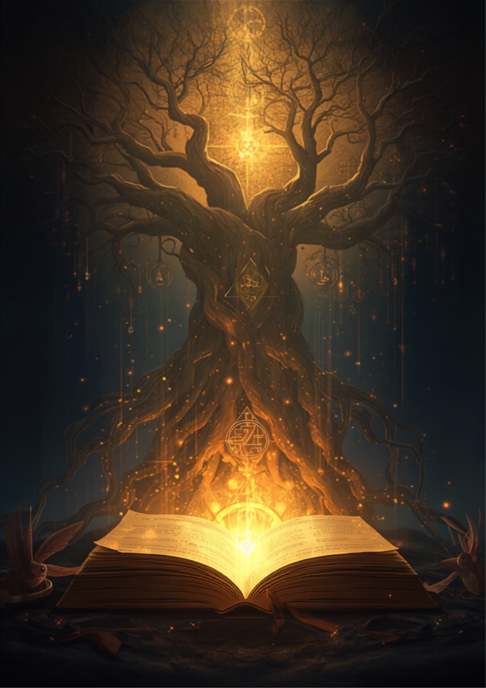Ilustração digital original simbolizando o arquétipo da Sabedoria: um livro antigo aberto irradiando luz dourada, a silhueta de uma coruja e uma árvore do conhecimento ao fundo, em tons de dourado e azul profundo