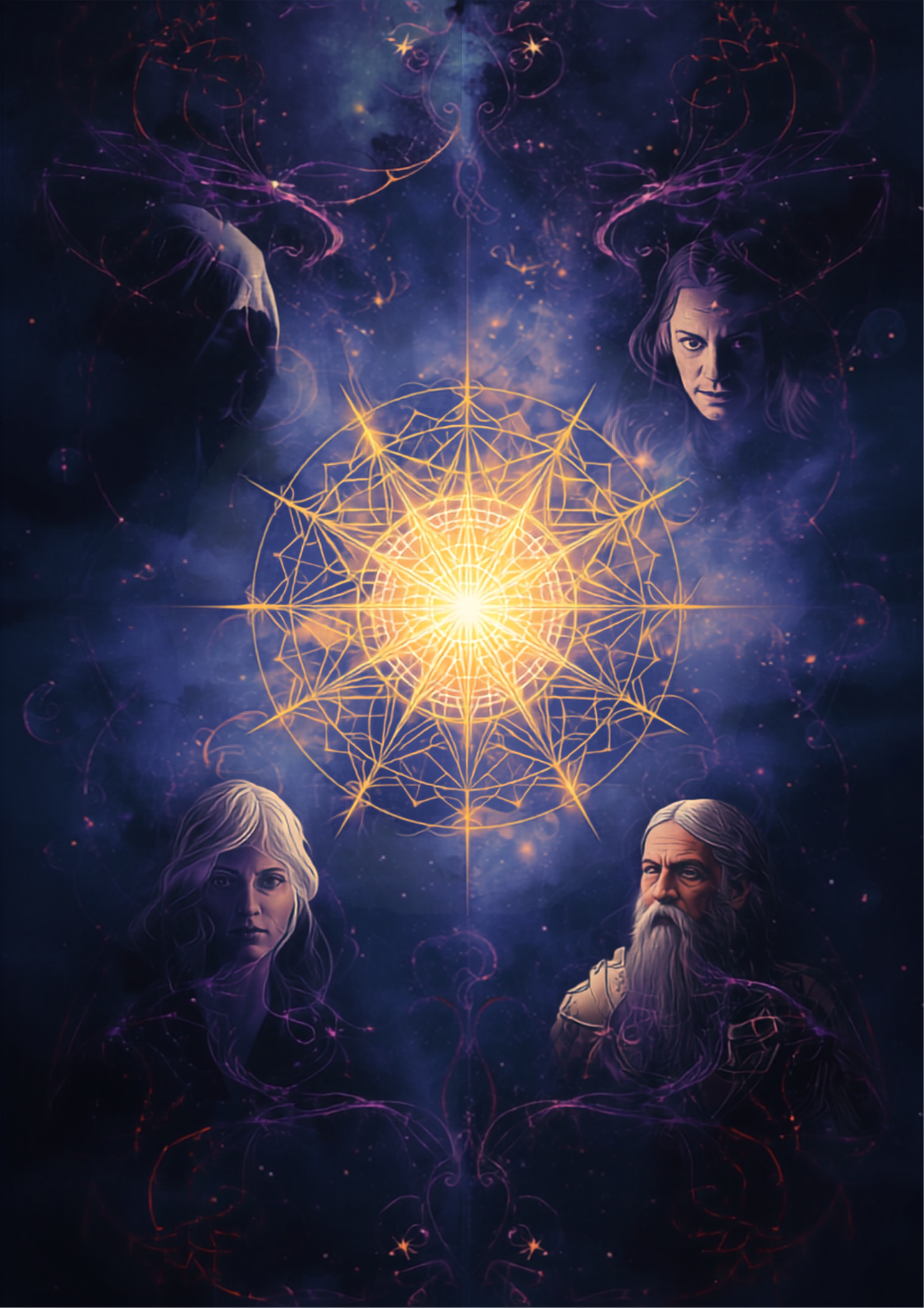 Ilustração digital original mística: mandala luminosa cercada por figuras simbólicas e máscaras representando os arquétipos junguianos (sombra, anima, velho sábio) em tons de azul, roxo e dourado, simbolizando o inconsciente coletivo
