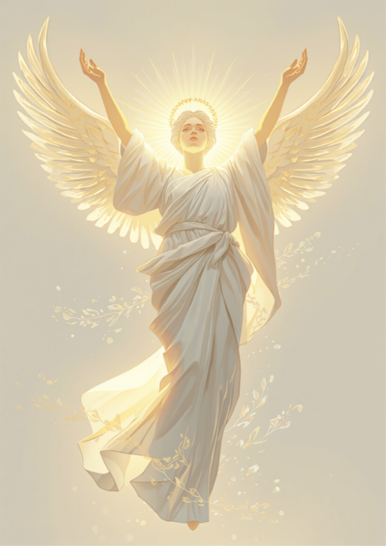 Ilustração digital original e simbólica da deusa grega Nike, deusa alada da vitória, com silhueta majestosa, coroa de louros dourada e tons dourado, branco e azul-celeste