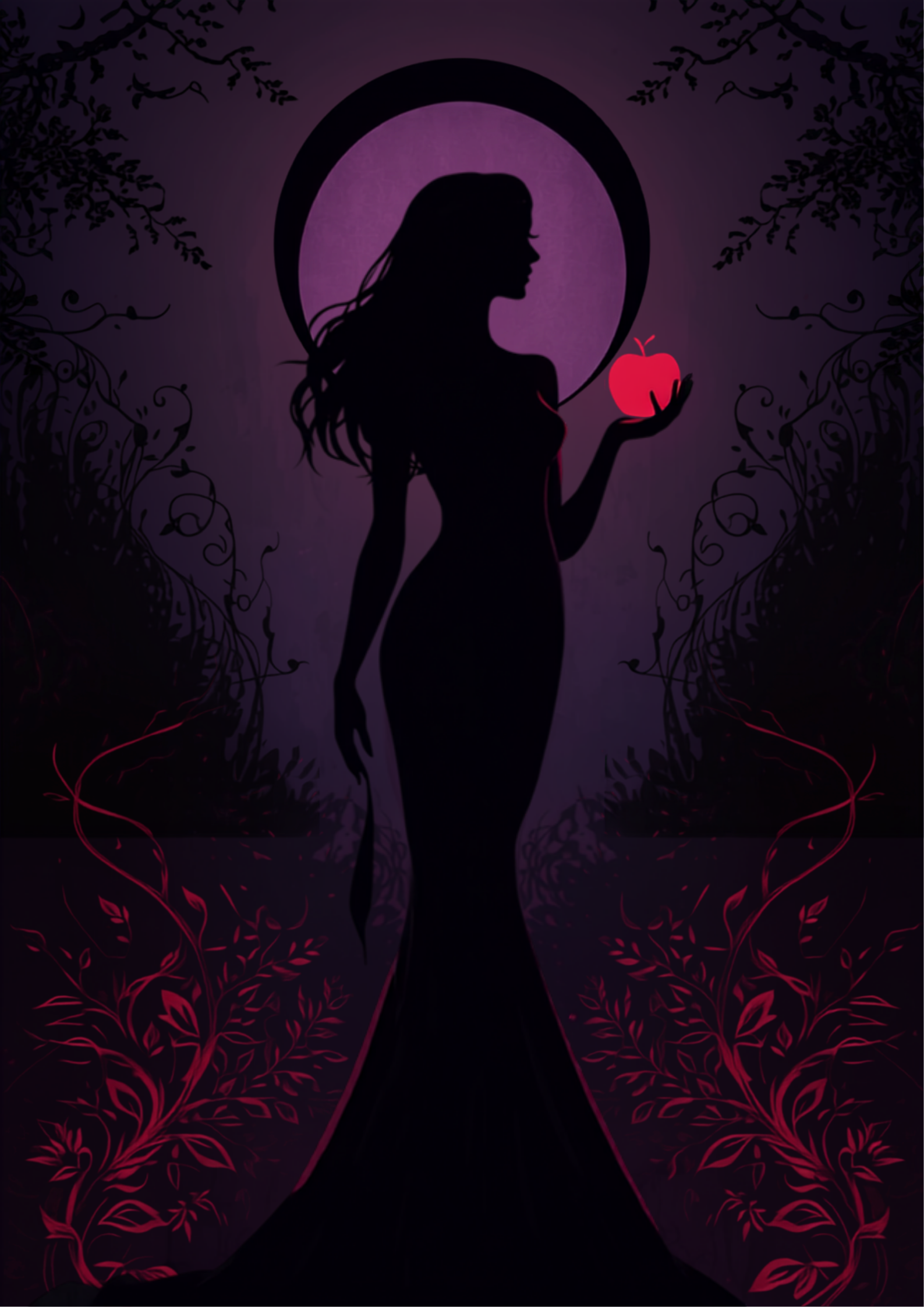 Ilustração digital simbólica do arquétipo de Lilith: silhueta feminina estilizada em um jardim noturno com maçã vermelha e lua minguante, em tons de vermelho, preto e roxo profundo
