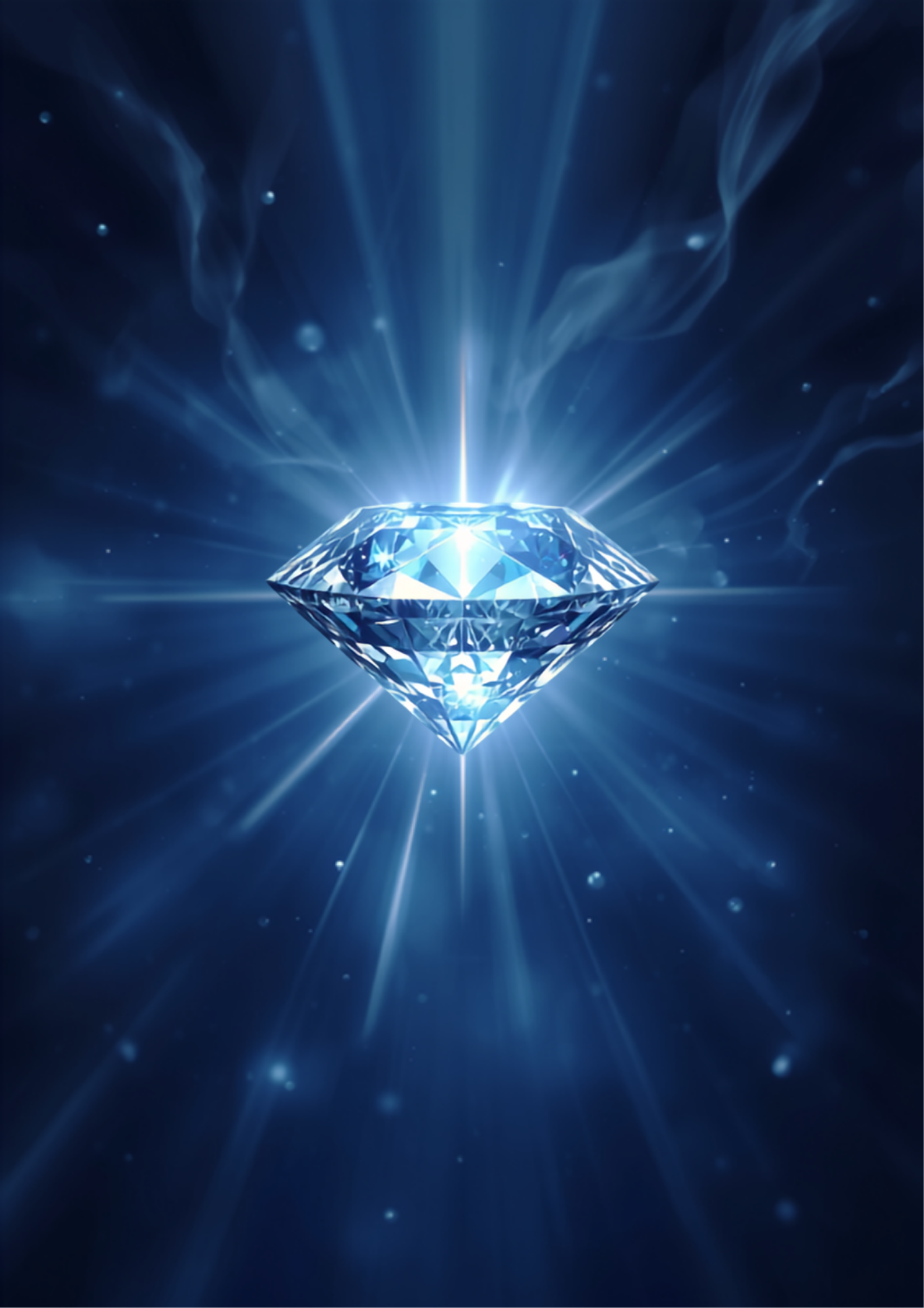 Ilustração digital original de um diamante facetado brilhante irradiando raios de luz em tons de branco, azul e prismáticos, simbolizando o arquétipo do Diamante: clareza, resiliência e valor interior