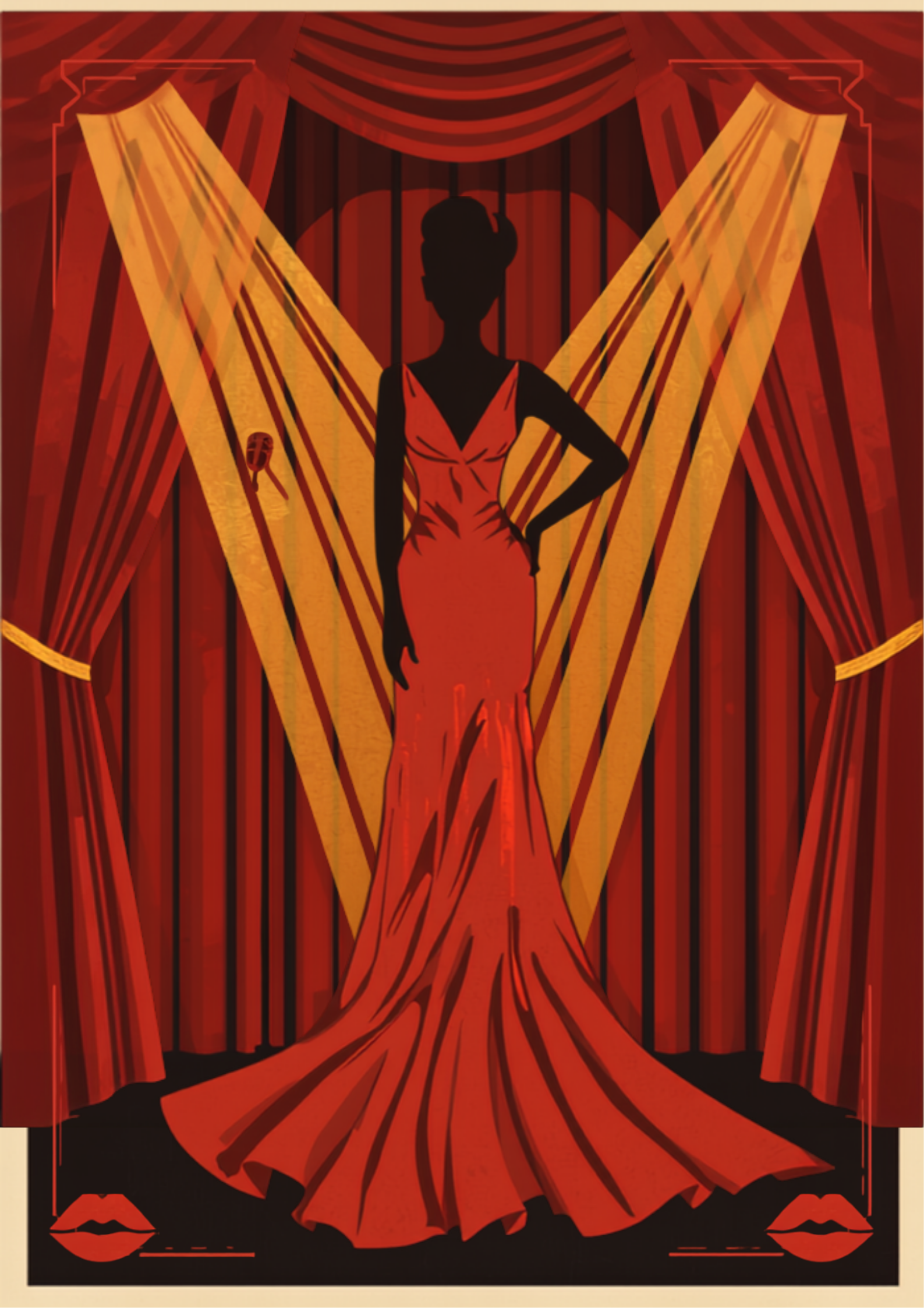 Ilustração simbólica vintage estilo Hollywood anos 1950 representando o arquétipo do glamour: silhueta estilizada sem rosto identificável, luzes douradas de holofote, microfone vintage e cortina de palco, em tons dourado e vermelho
