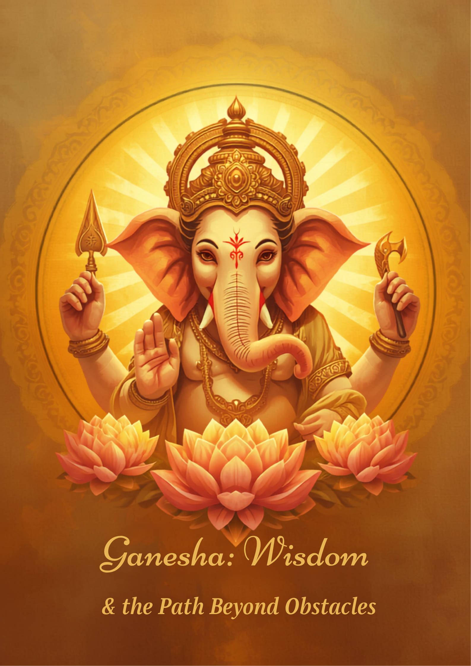 Ilustração digital original e estilizada do arquétipo de Ganesha, com flores de lótus e tons dourados e laranja, simbolizando sabedoria e superação de obstáculos