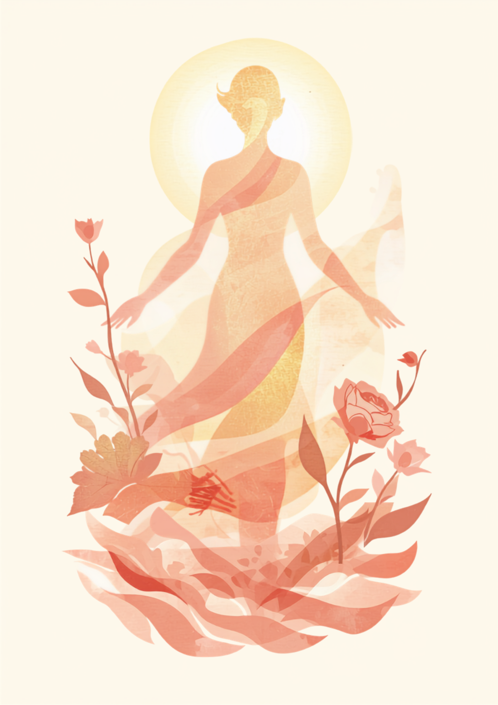 Ilustração simbólica e etérea do arquétipo de Afrodite: silhueta feminina estilizada em luz suave, cercada por rosas, conchas e ondas do mar, em tons de rosa, dourado e branco, representando autoestima e amor-próprio