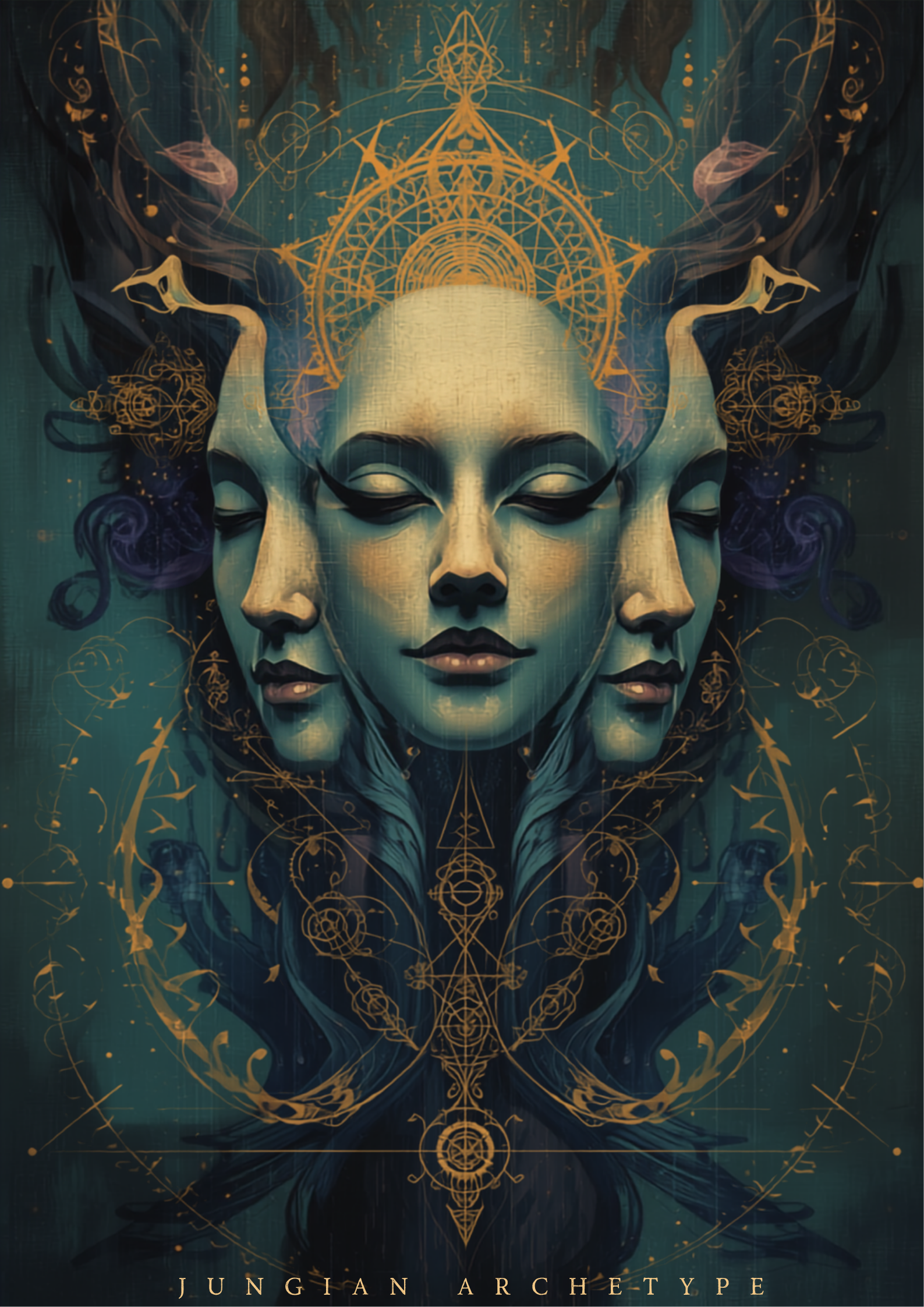 Ilustração digital original simbólica representando o conceito de arquétipo: colagem abstrata de máscaras e figuras místicas em tons de verde-azulado, dourado e roxo, simbolizando padrões universais da psique humana