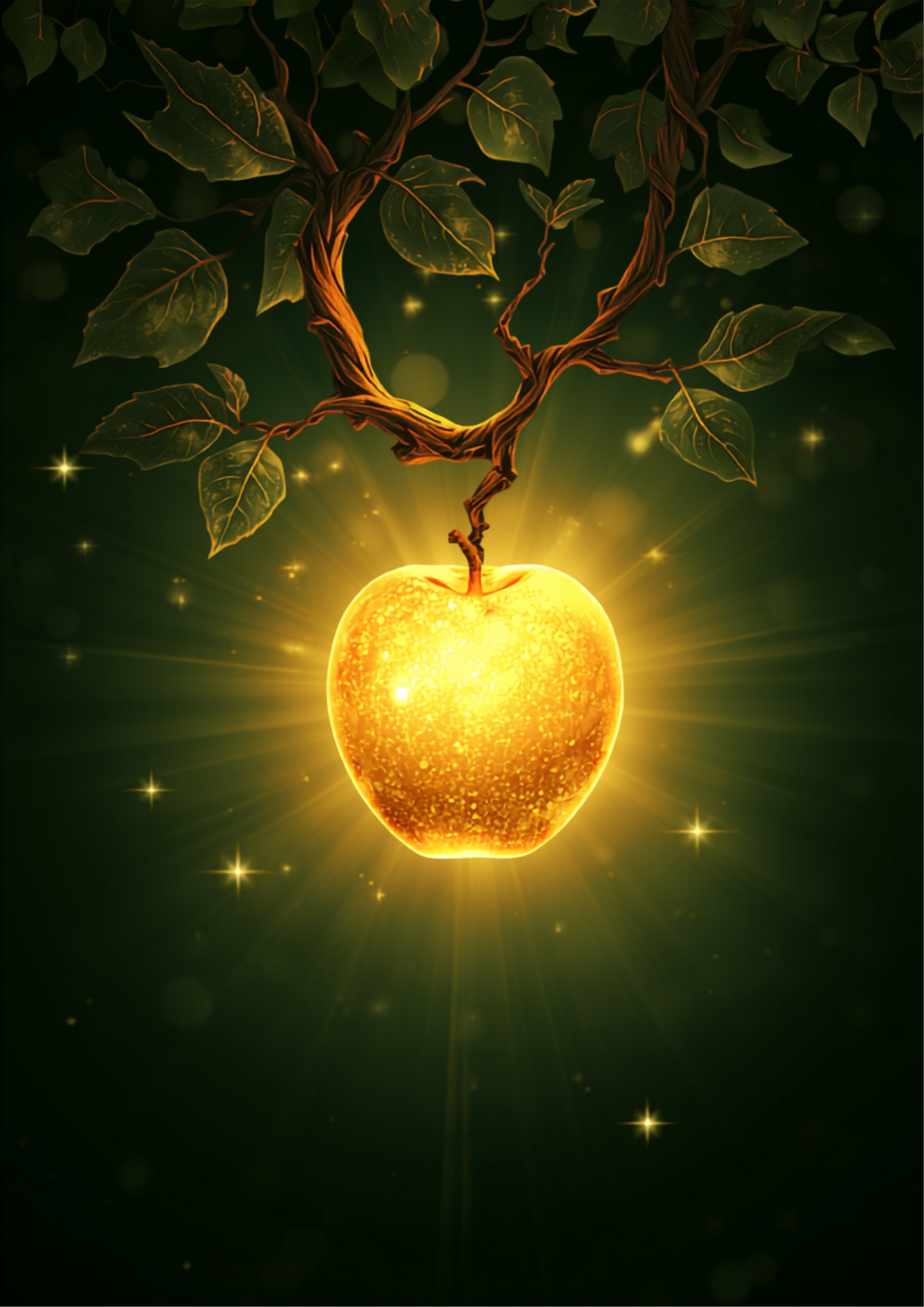 Ilustração digital original de uma maçã dourada brilhante em um galho de árvore mística, simbolizando o arquétipo da tentação, desejo e recompensa, com paleta dourada e verde-escura