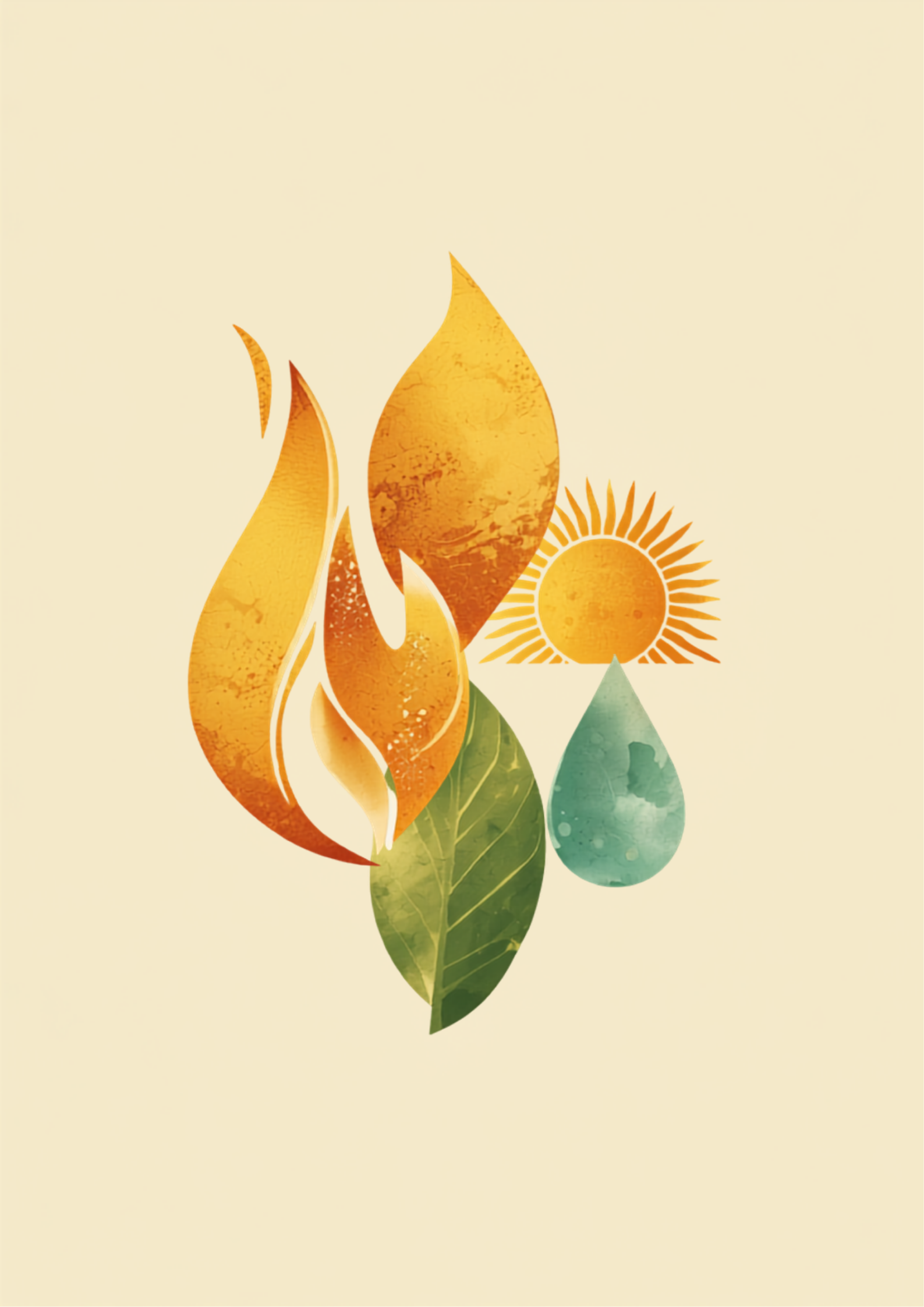 Ilustração digital simbólica de arquétipos de força interior para emagrecimento, com ícones de chama, folha, sol e gota d'água em tons verdes e dourados
