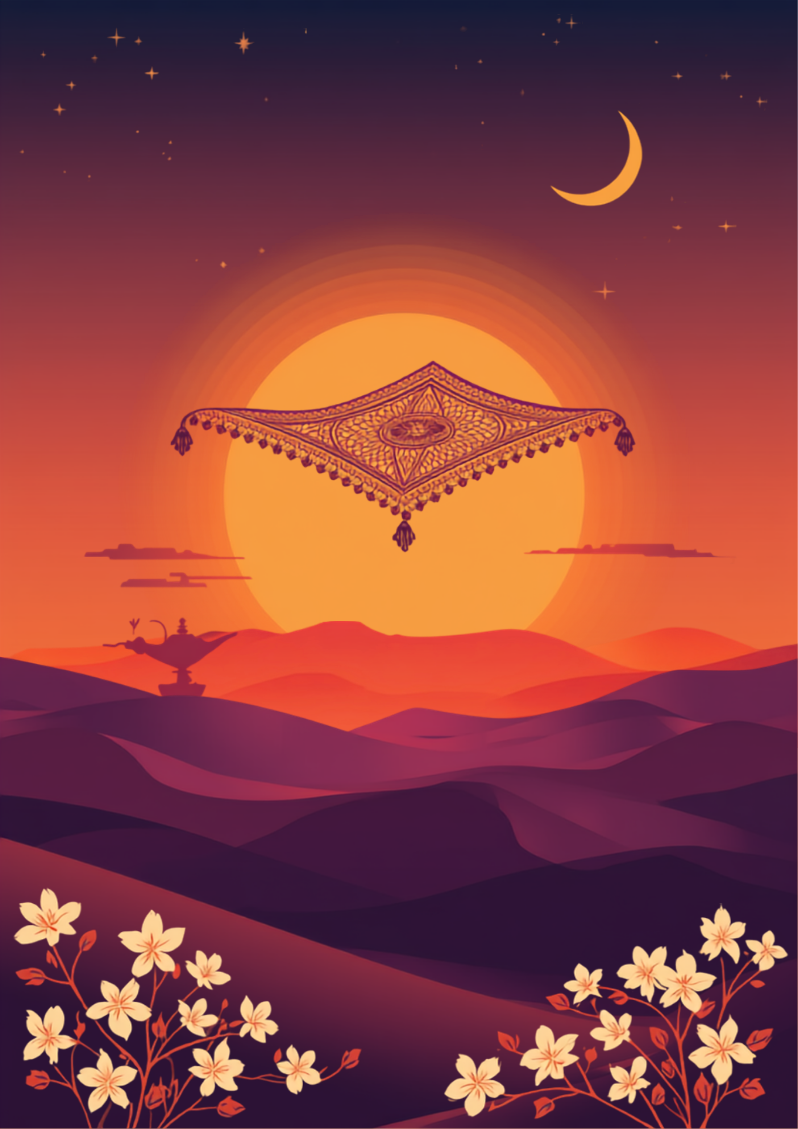 Ilustração simbólica original do arquétipo da princesa do deserto livre e rebelde: tapete mágico, lamparim ornamentado, flores de jasmim, padrões geométricos de inspiração árabe e pôr do sol no deserto