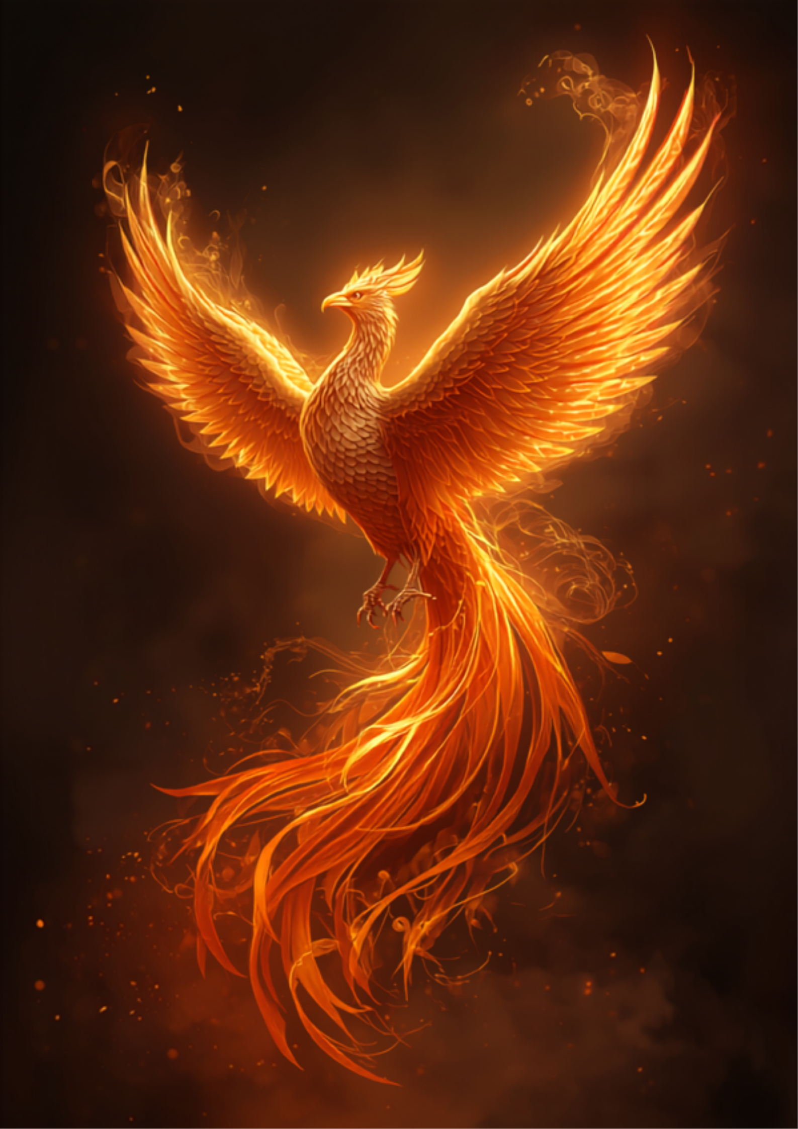 Ilustração digital original de uma fênix mística erguendo-se das chamas, simbolizando renascimento, renovação e resiliência, em tons de laranja, vermelho e dourado