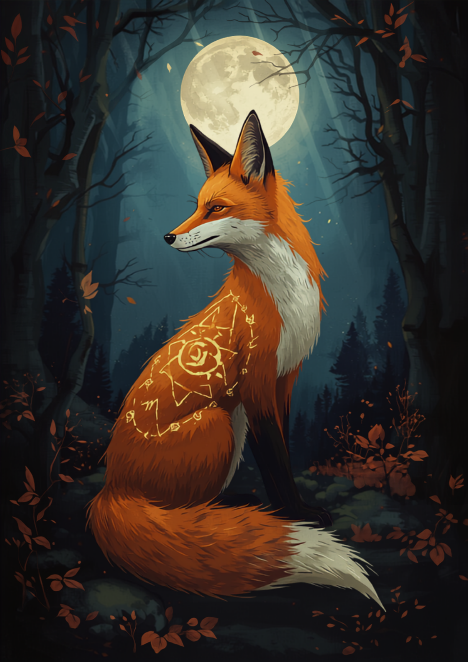 Ilustração digital simbólica e mística de uma raposa em uma floresta outonal sob luar, representando o arquétipo da esperteza e adaptabilidade, em tons de laranja, ferrugem e azul profundo