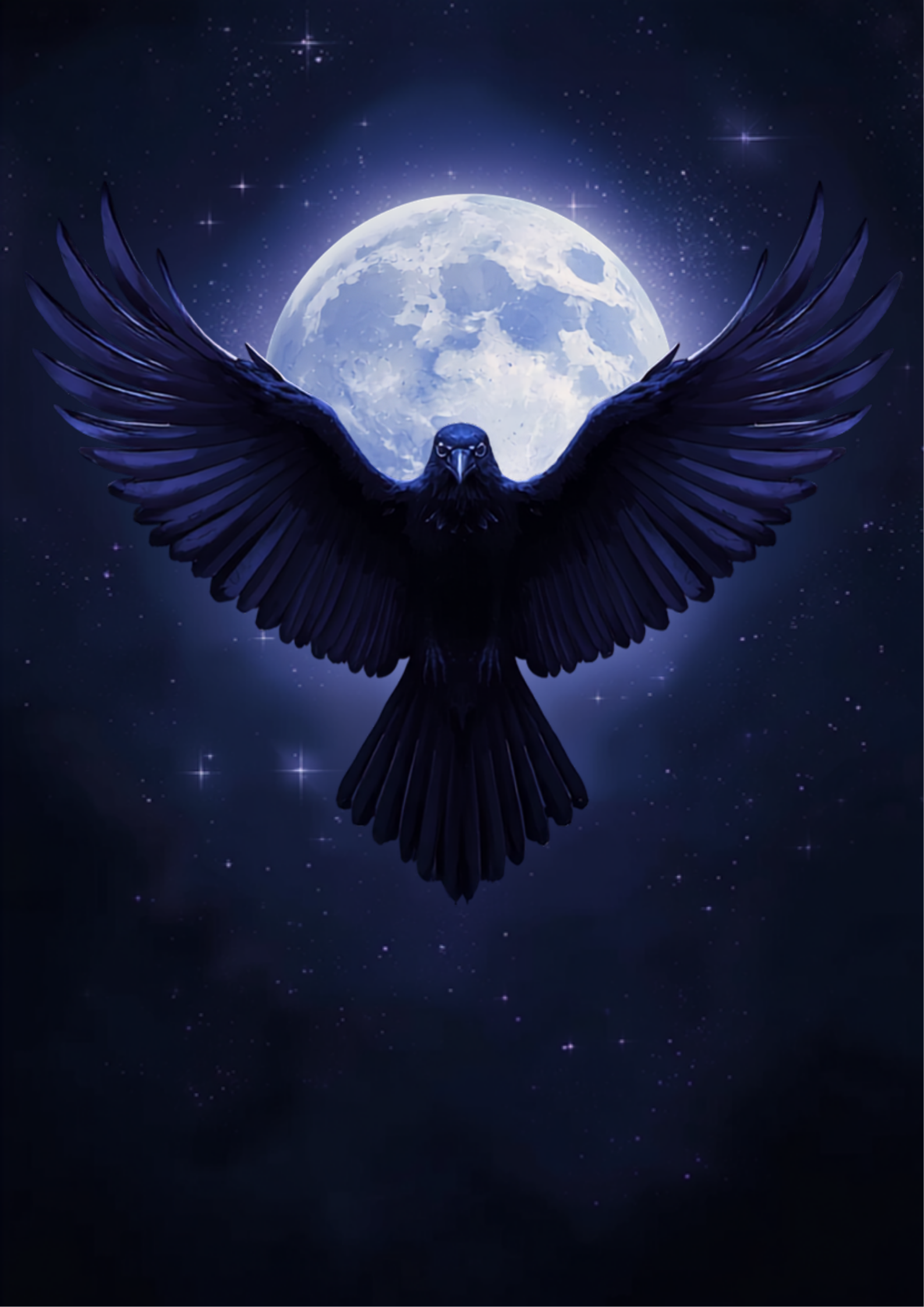 Ilustração digital original de um corvo místico voando sob um céu noturno enluarado, simbolizando mistério, sabedoria e transformação, em tons de azul escuro, roxo e prata