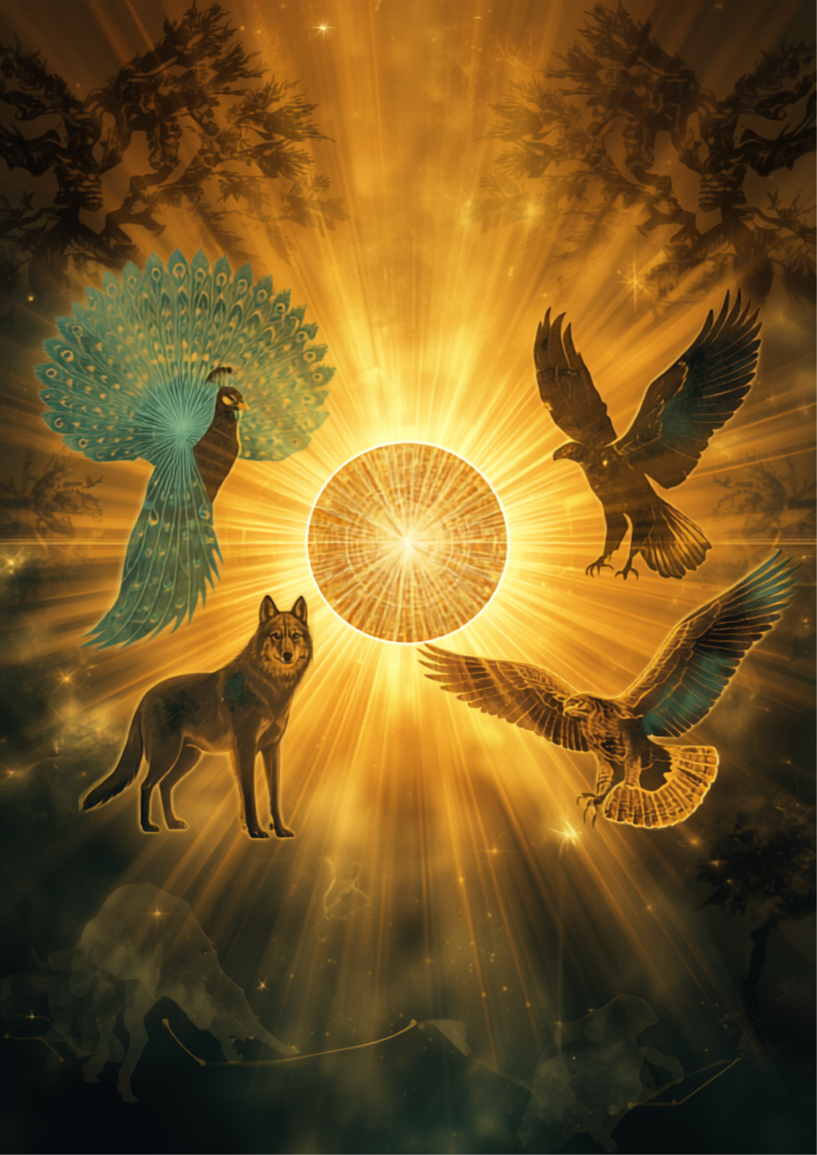 Ilustração digital original de energias arquetípicas de animais: silhuetas estilizadas e brilhantes de um pavão, um lobo e uma águia ao redor de uma luz dourada central, em paleta dourada e turquesa, atmosfera mística