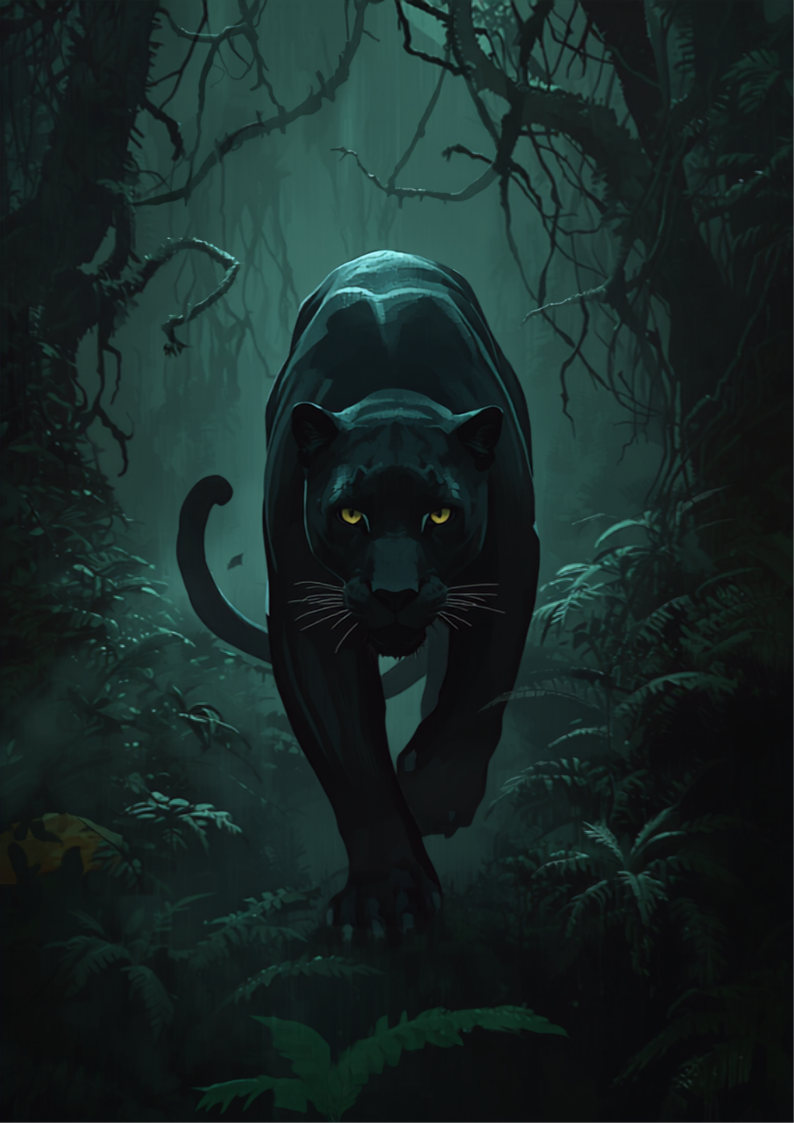 Ilustração digital original de uma pantera negra selvagem espreitando através da névoa da selva sob a luz do luar, em tons de verde escuro, preto e prateado, simbolizando poder, mistério e independência