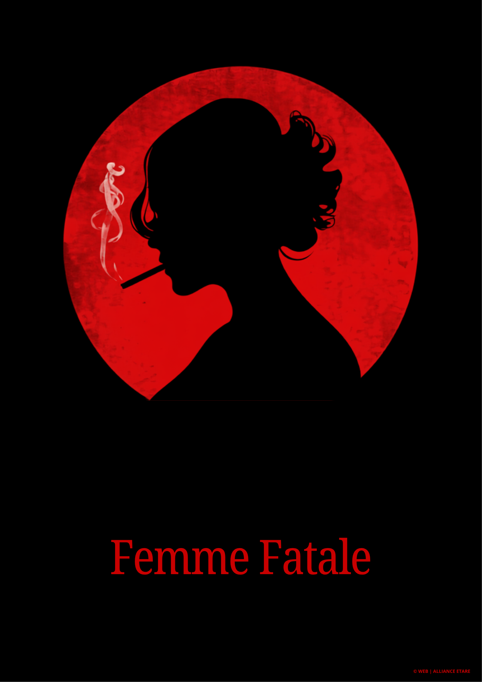 Ilustração simbólica original estilo noir representando o arquétipo da mulher fatal: silhueta em sombra sob luz de holofote, paleta vermelho e preto, com fumaça, sem rosto ou figura identificável