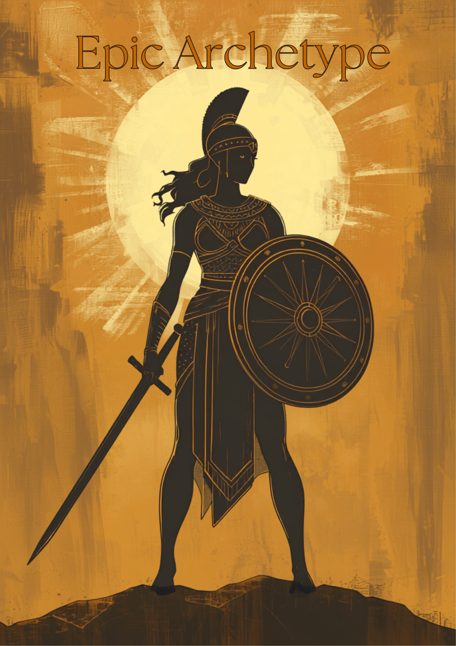 Ilustração simbólica original de uma guerreira mítica arquetípica, com escudo e espada estilizados, em luz dourada, representando o arquétipo da guerreira/amazona — arte autoral, sem relação com personagens registradas