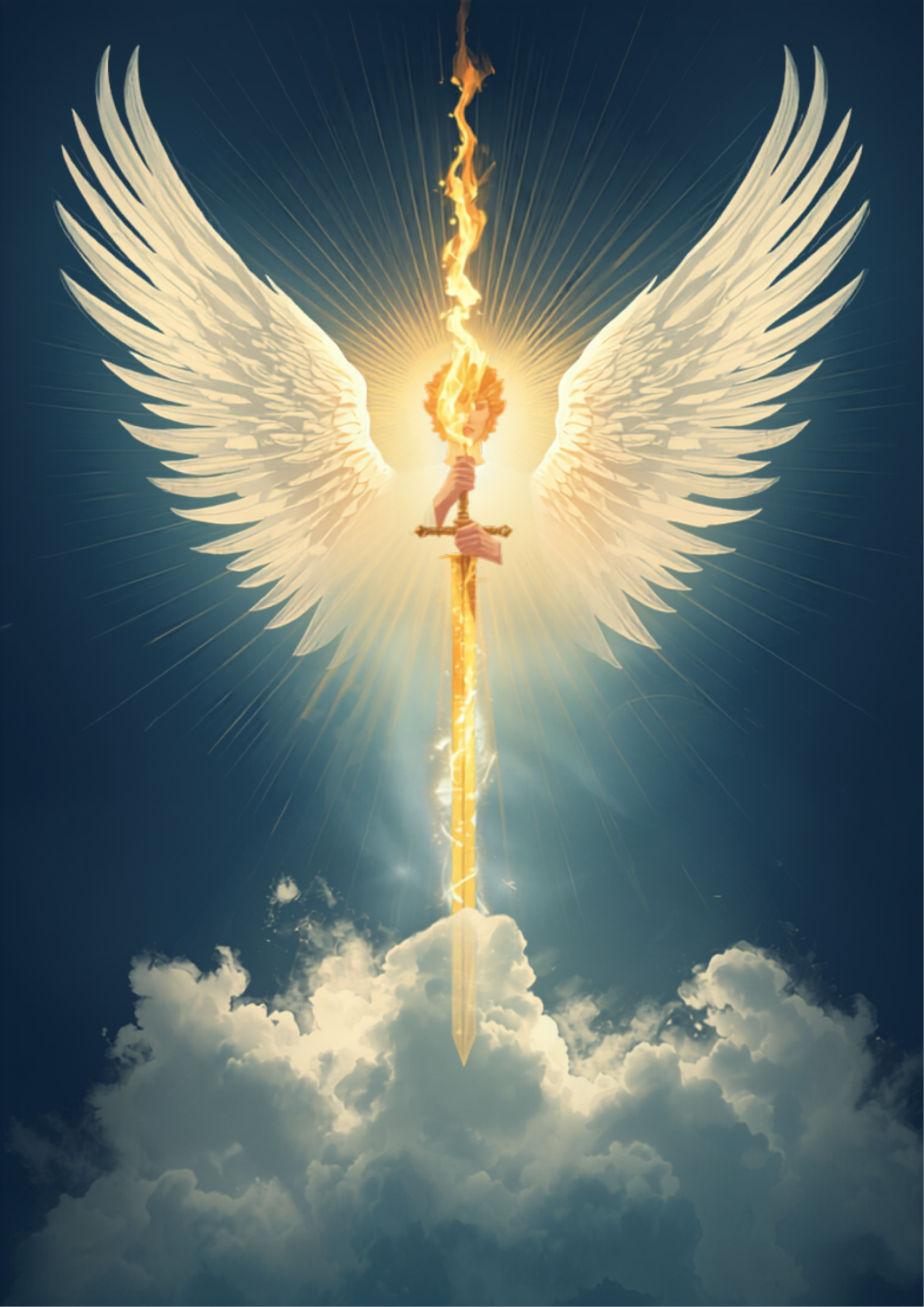 Ilustração digital original e estilizada do arquétipo do Arcanjo Miguel, com asas luminosas, espada flamejante e auréola dourada, em tons de branco, azul e dourado, representando proteção, coragem e justiça divina