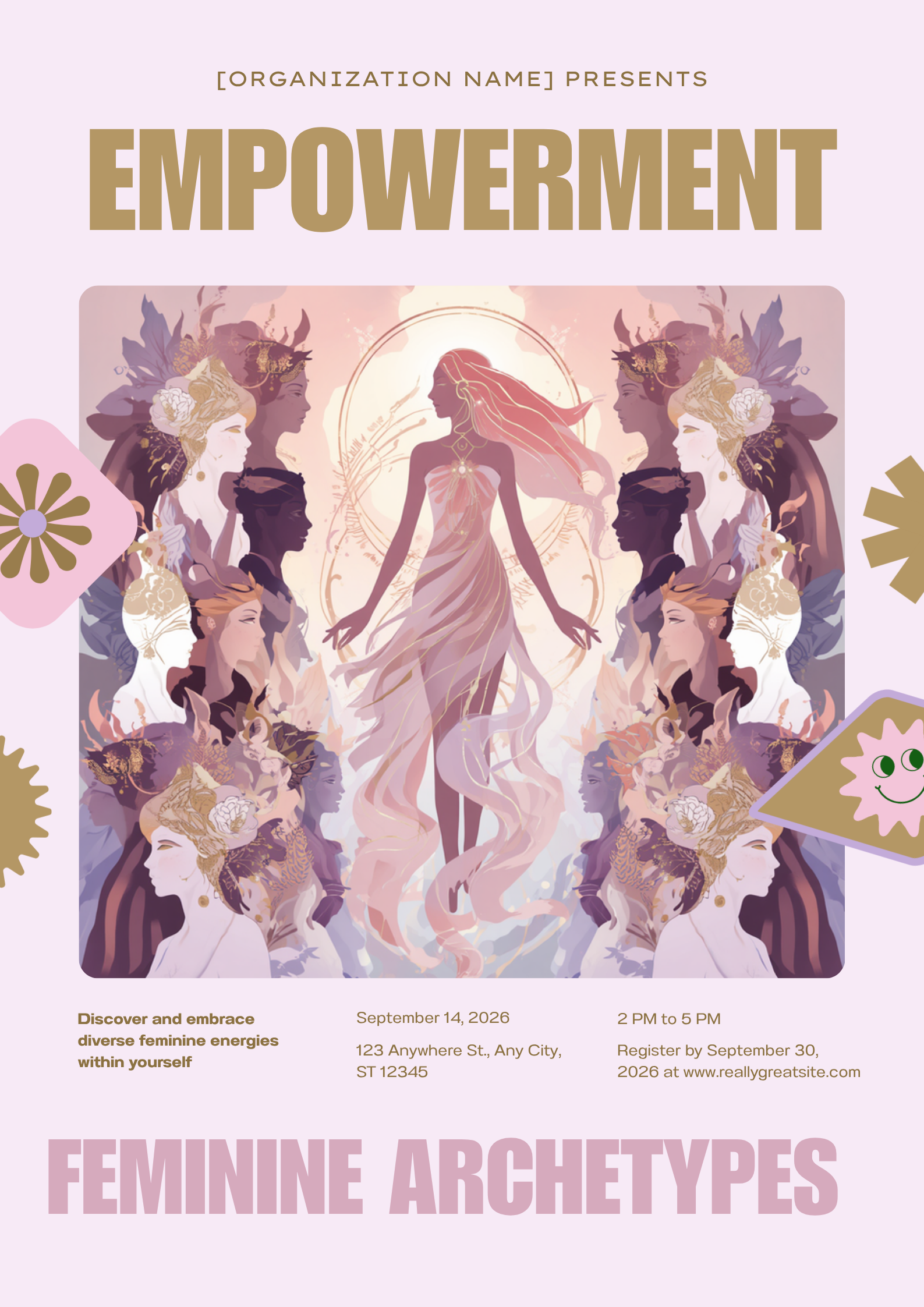 Ilustração digital artística simbolizando os 27 arquétipos femininos, com silhuetas e máscaras estilizadas representando energias femininas como mãe, guerreira, sábia e musa, em paleta rosa, dourado e lavanda