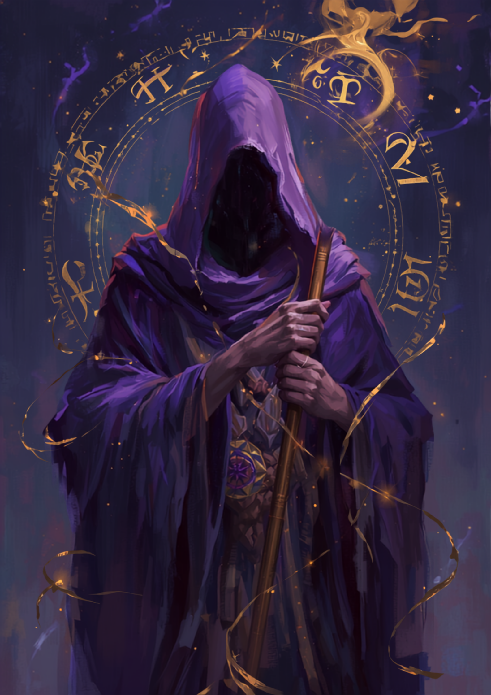 Ilustração digital original de um mago místico segurando um cajado dourado brilhante, cercado por símbolos arcanos, em um cenário roxo e dourado sob um céu estrelado, representando o arquétipo do Mago - sabedoria, poder e transformação