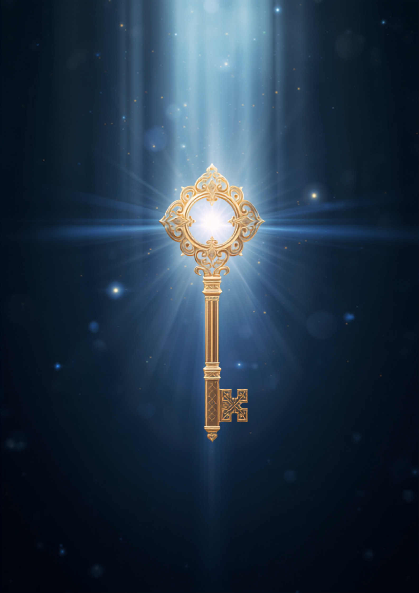 Ilustração digital original de uma chave dourada ornamentada e radiante, símbolo do arquétipo da Chave Dourada, com raios de luz em fundo azul profundo místico
