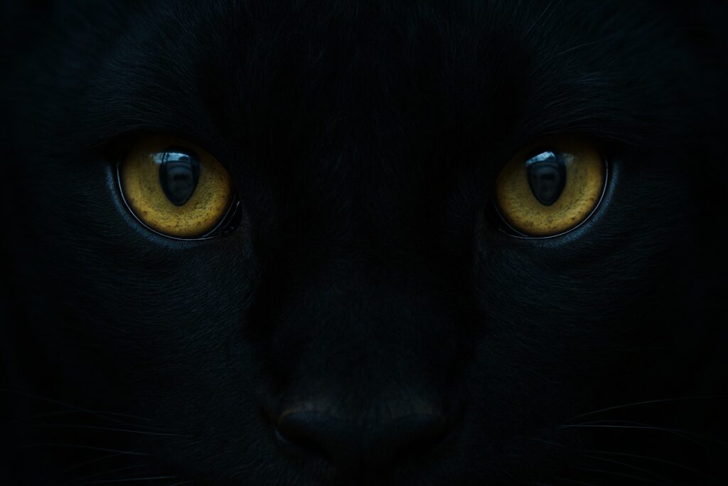 Imagem de olhos de pantera negra em close, refletindo um rosto humano, simbolizando autoconhecimento