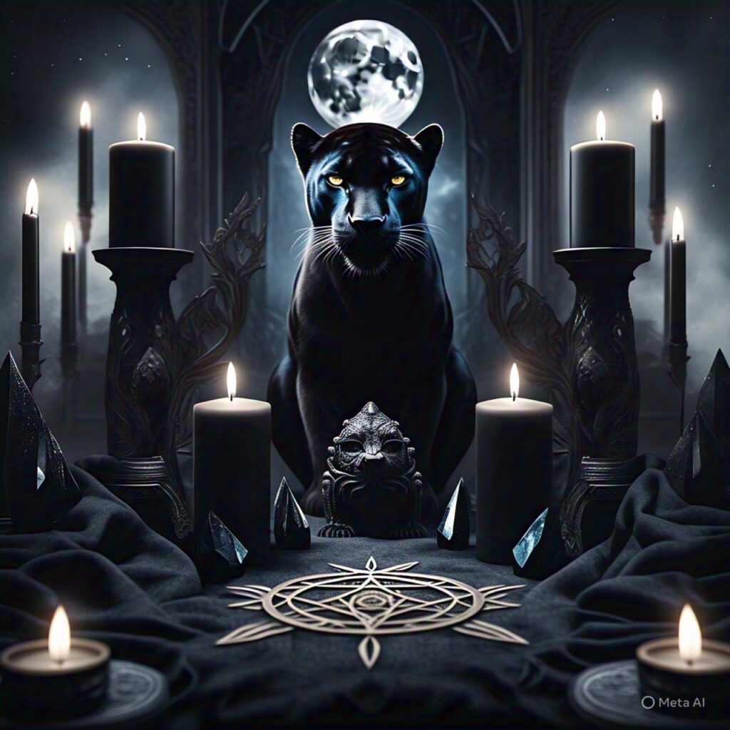 Composição de elementos rituais - velas pretas, cristais escuros, imagem de pantera, lua, em um altar