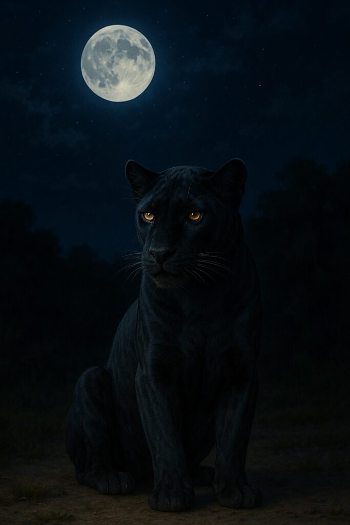 Pantera negra em ambiente iluminado pela lua, com postura elegante e serena, transmitindo poder contido e graça