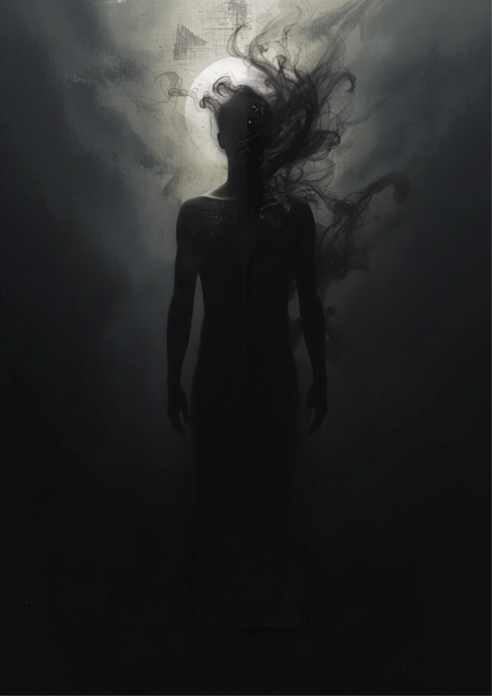 Ilustração digital original do arquétipo da Sombra: figura dividida entre luz e escuridão, silhueta se fundindo com sua própria sombra em tons de preto, carvão e prata luar, simbolizando integração e autoaceitação