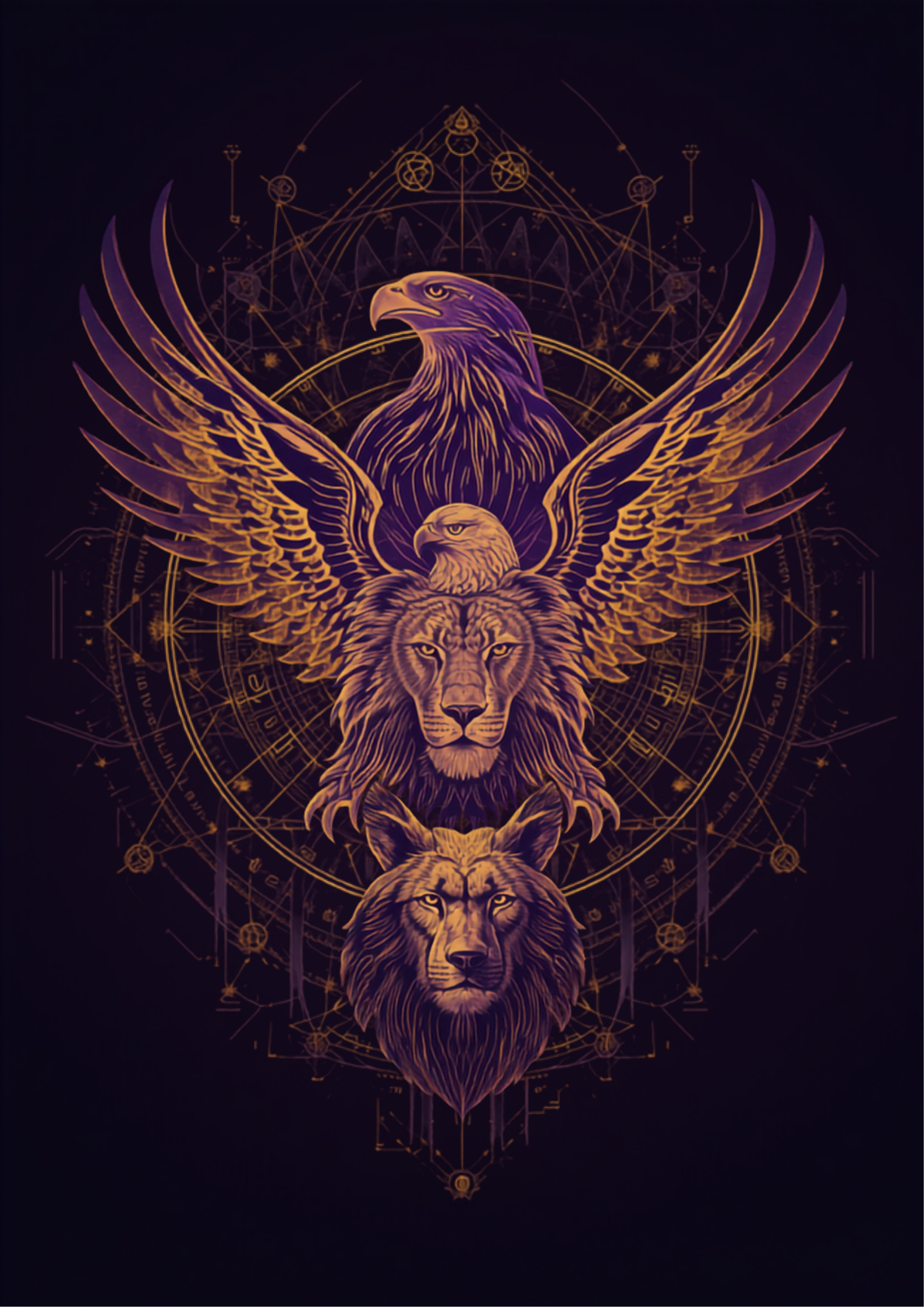 Ilustração digital original mostrando silhuetas místicas de animais arquetípicos (águia, leão, coruja e lobo) em composição dourada e roxa, simbolizando os arquétipos de poder