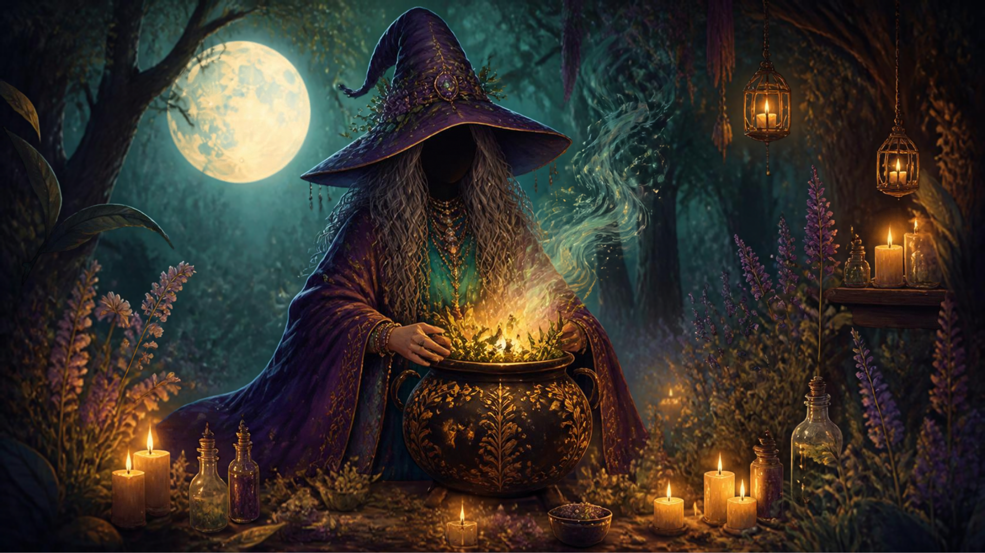 Ilustração artística original e simbólica do arquétipo da Bruxa, figura mística com caldeirão, ervas e lua cheia em uma floresta
