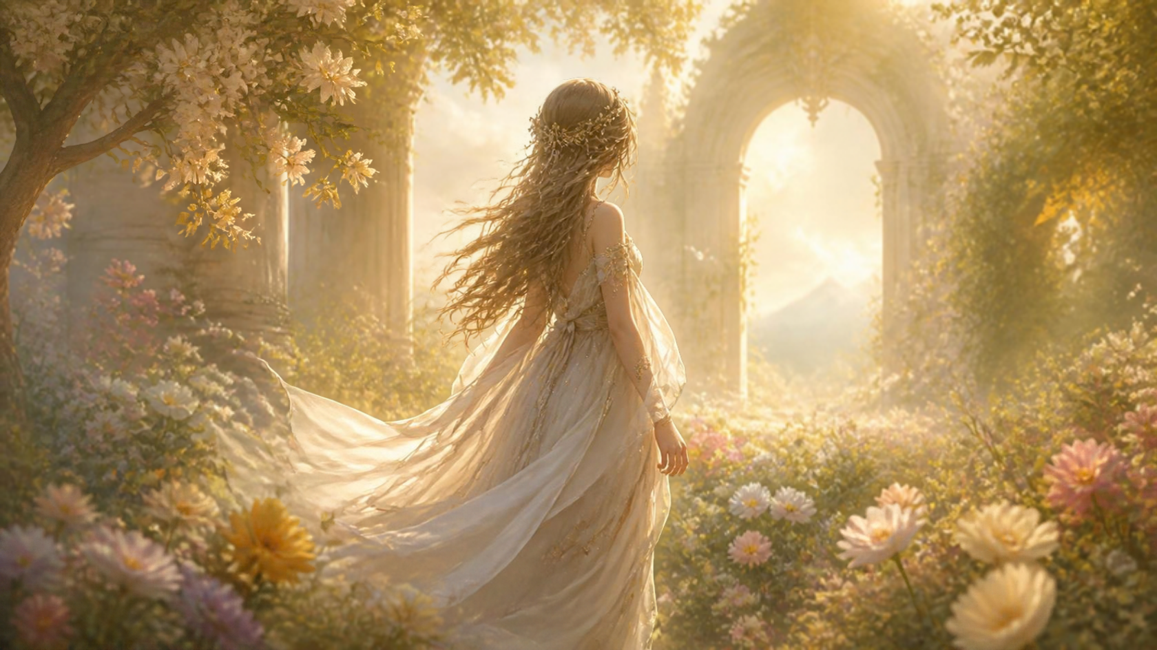 Ilustração artística original representando o arquétipo junguiano da Donzela, figura feminina jovem em um jardim florido com luz suave