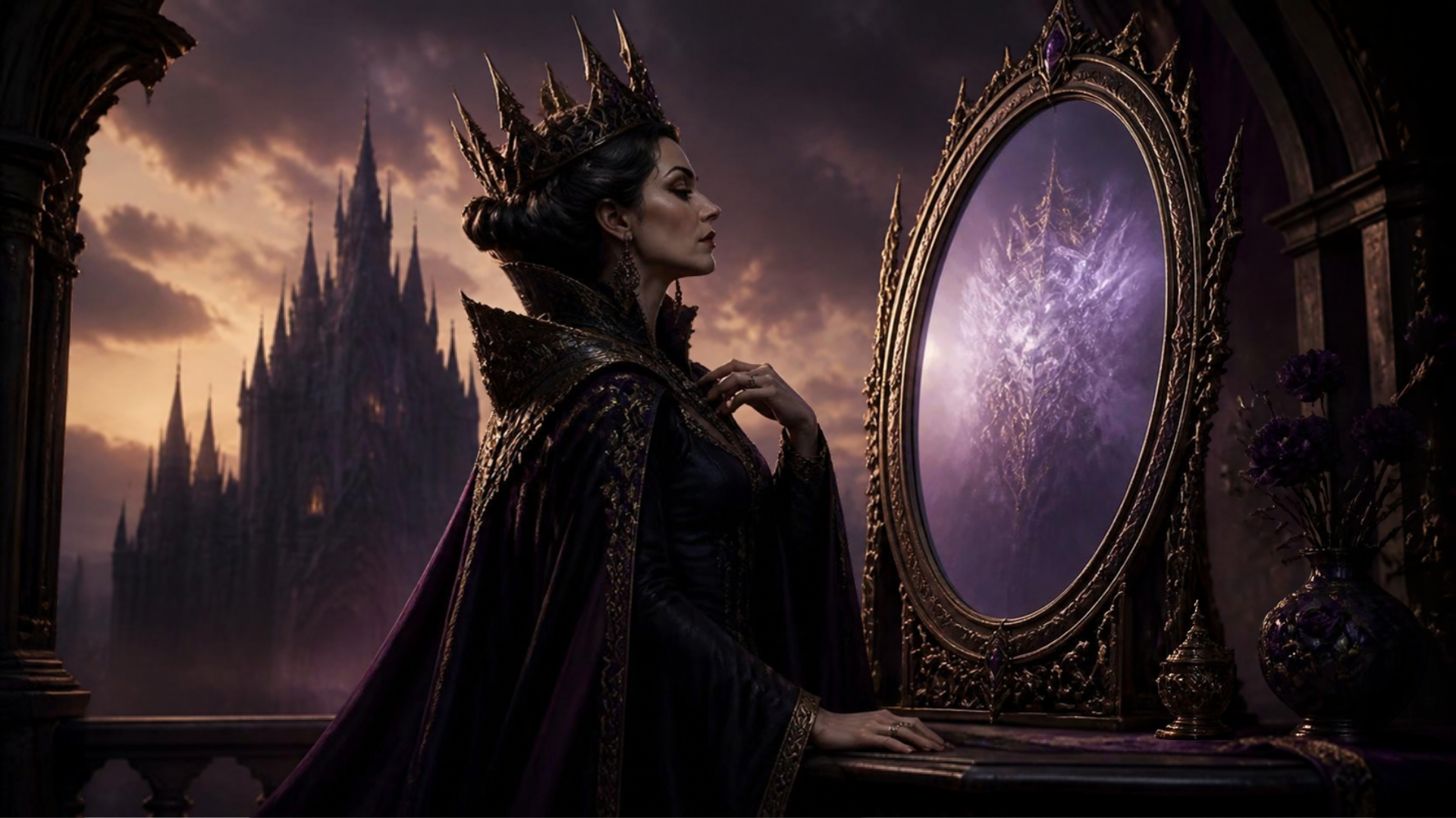 Ilustração simbólica original representando o arquétipo junguiano da Madrasta, figura feminina régia diante de um espelho, com castelo ao fundo