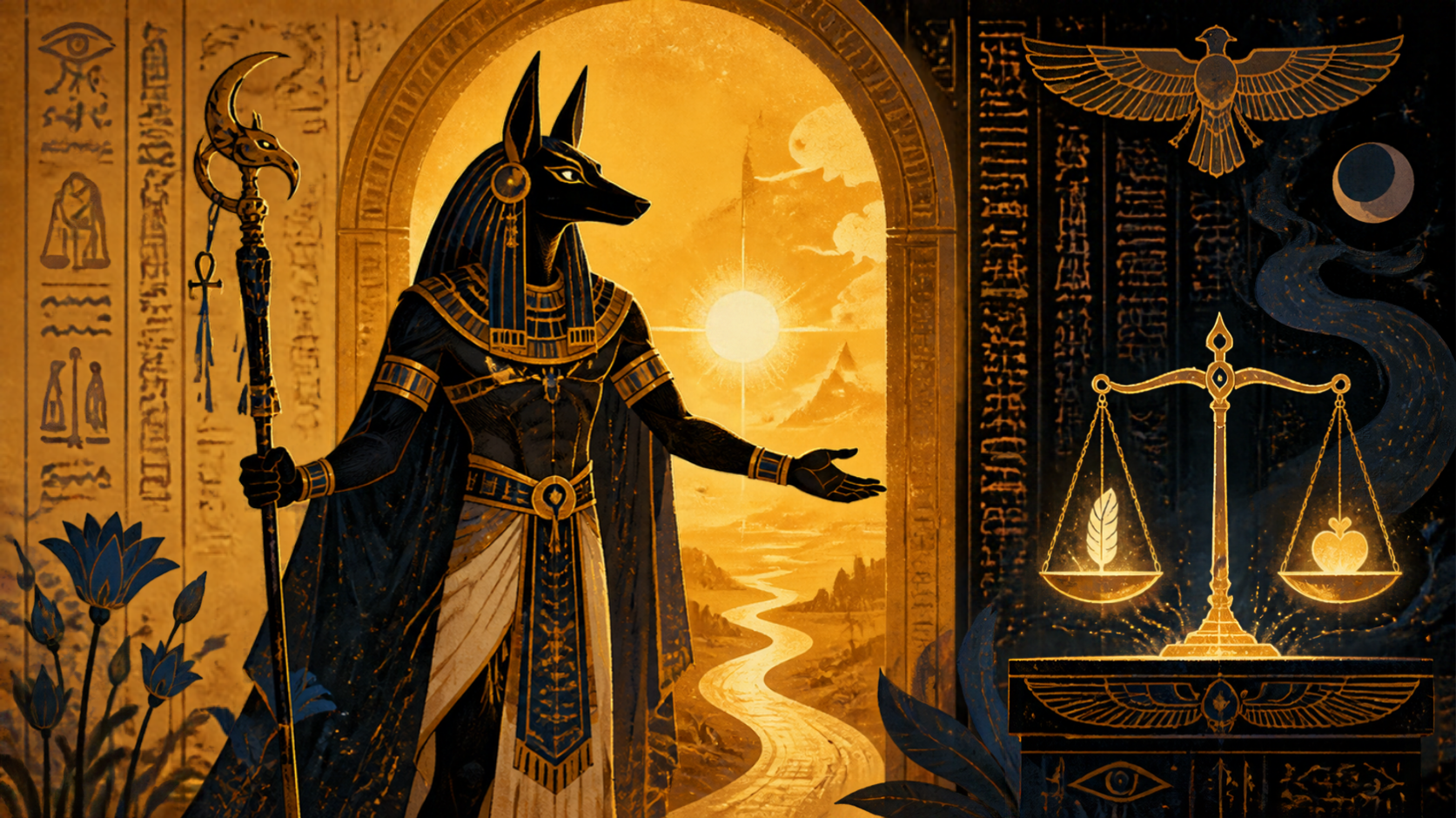 Ilustração simbólica original de Anúbis, guia das almas na mitologia egípcia, representando o arquétipo de transição e justiça