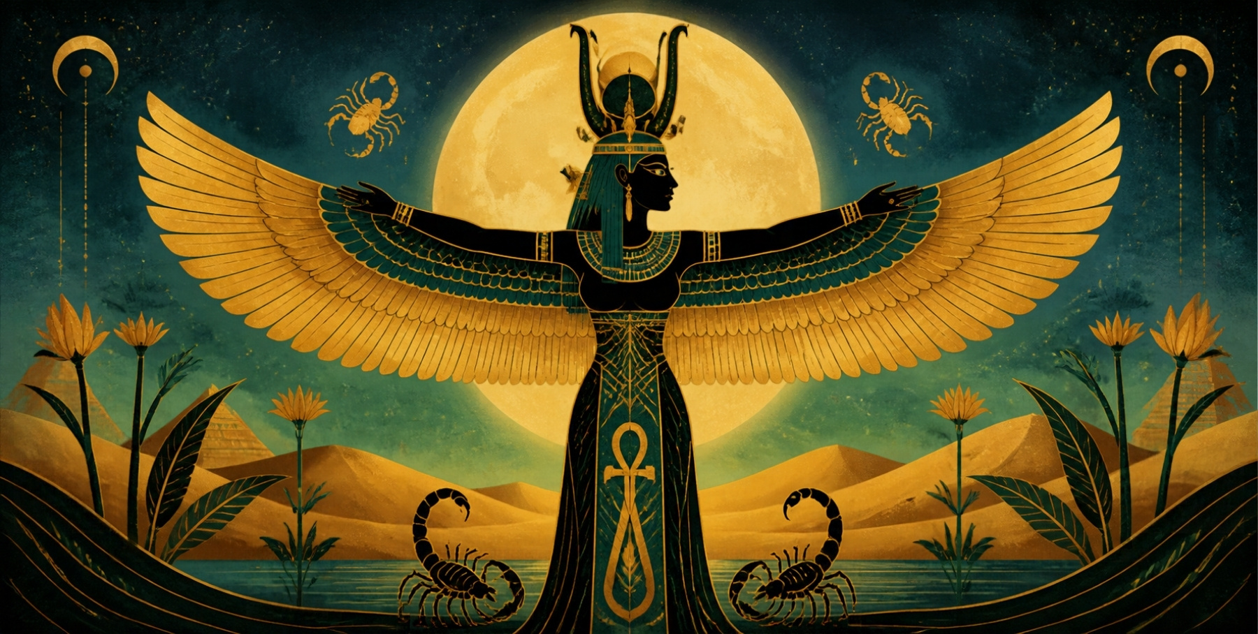 Ilustração original de uma deusa egípcia estilizada com asas douradas diante da lua, representando o arquétipo de Ísis