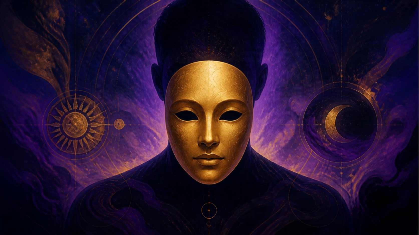 Ilustração original representando o Arquétipo da Persona na psicologia de Jung, uma máscara dourada simbolizando a face social
